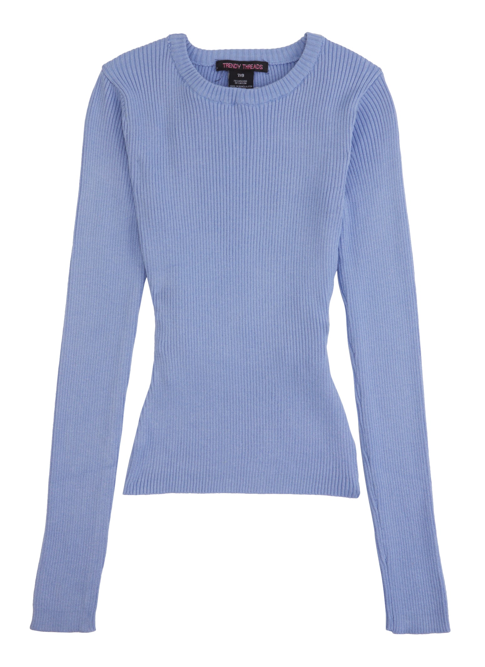 Girls Ribbed Knit Crew Neck Long Sleeve Top, Blue, Size 10-12