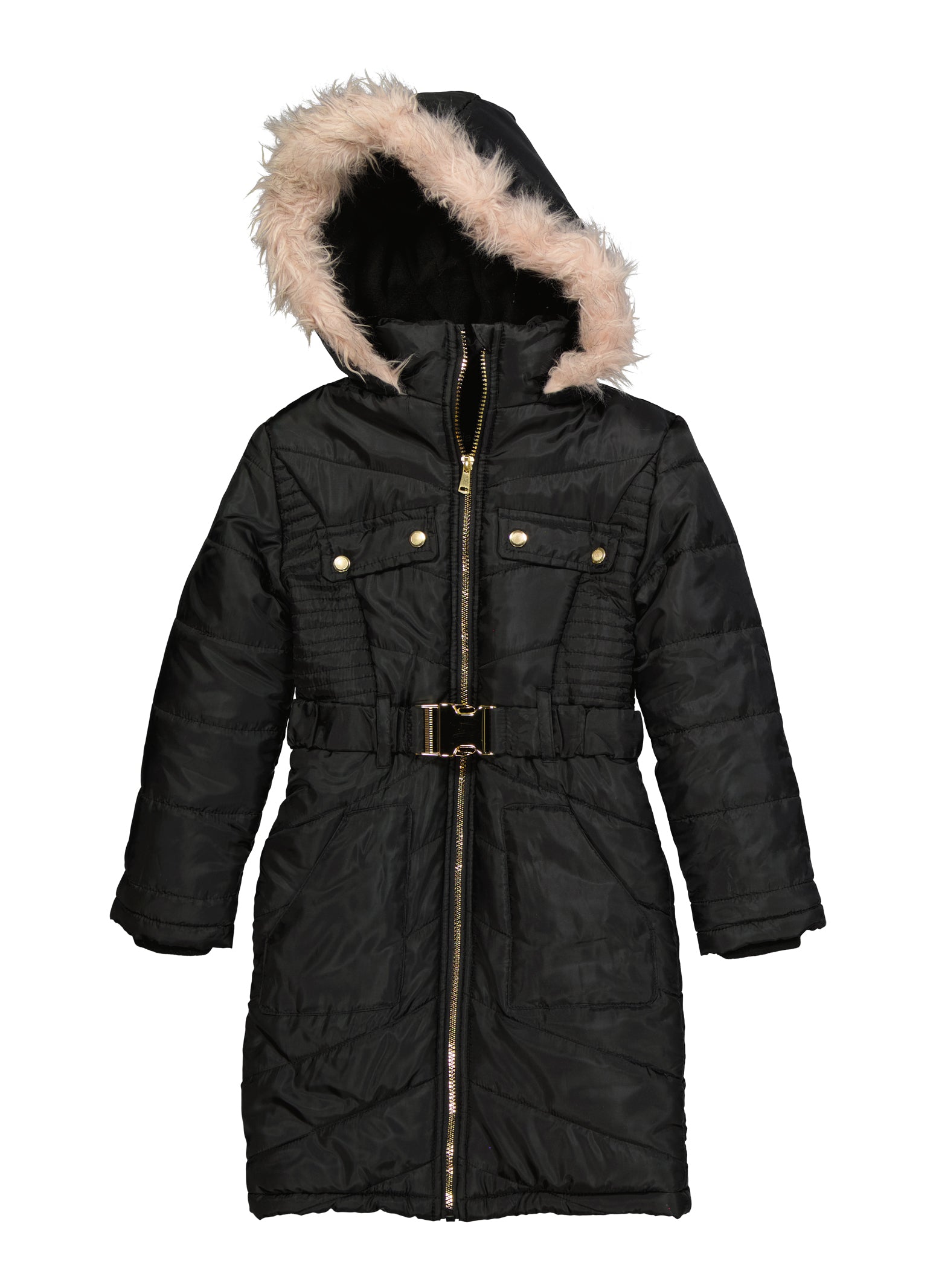 Girls Belted Faux Fur Trim Longline Puffer Jacket, Black, Size 10-12
