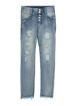 Girls Button Detail Frayed Hem Skinny Jeans, ,