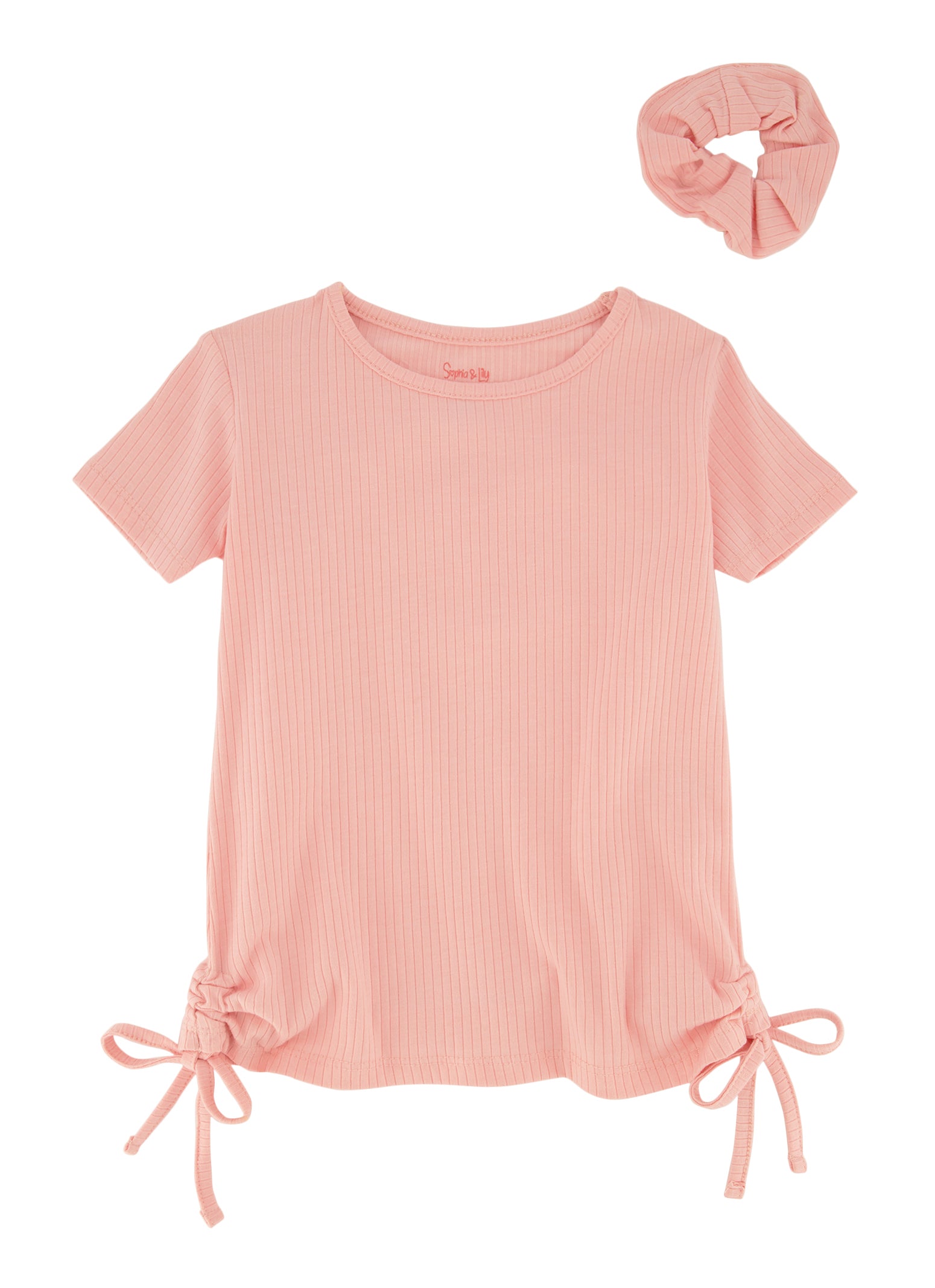 Little Girls Ruched Drawstring Tee with Scrunchie, Pink, Size 6X