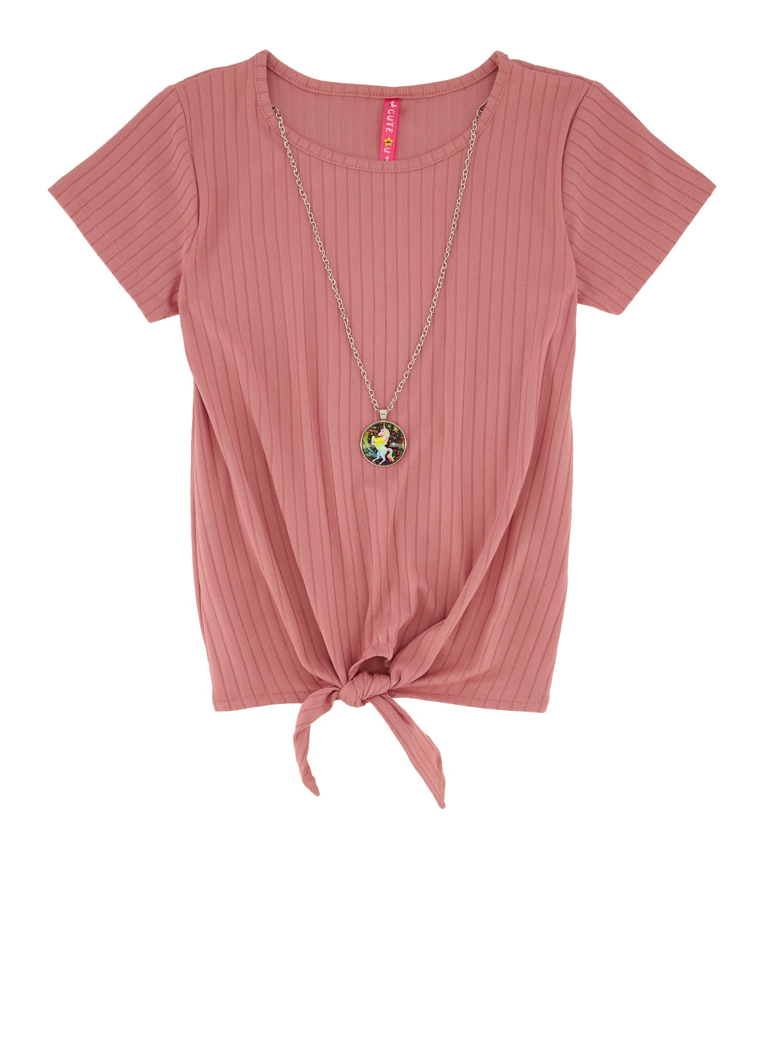 Girls Tie Front Top with Unicorn Graphic Necklace, Pink, Size 7-8