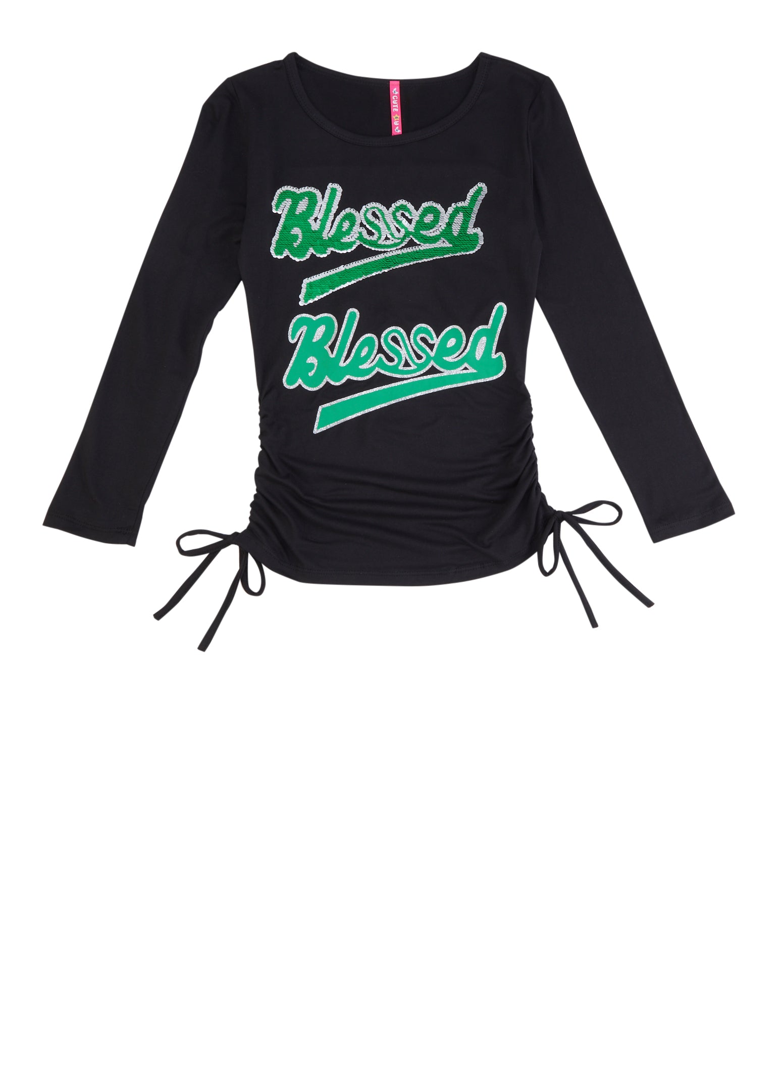 Girls Blessed Reversible Sequin Graphic Long Sleeve Top, Black, Size 7-8