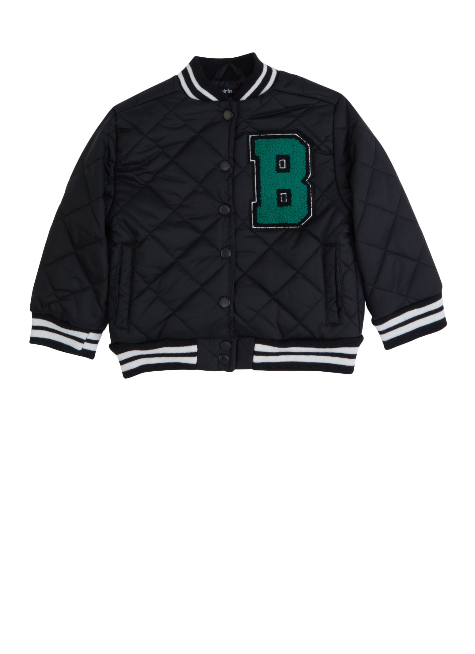 Little Girls Quilted Chenille Patch Varsity Jacket, Black, Size 5-6