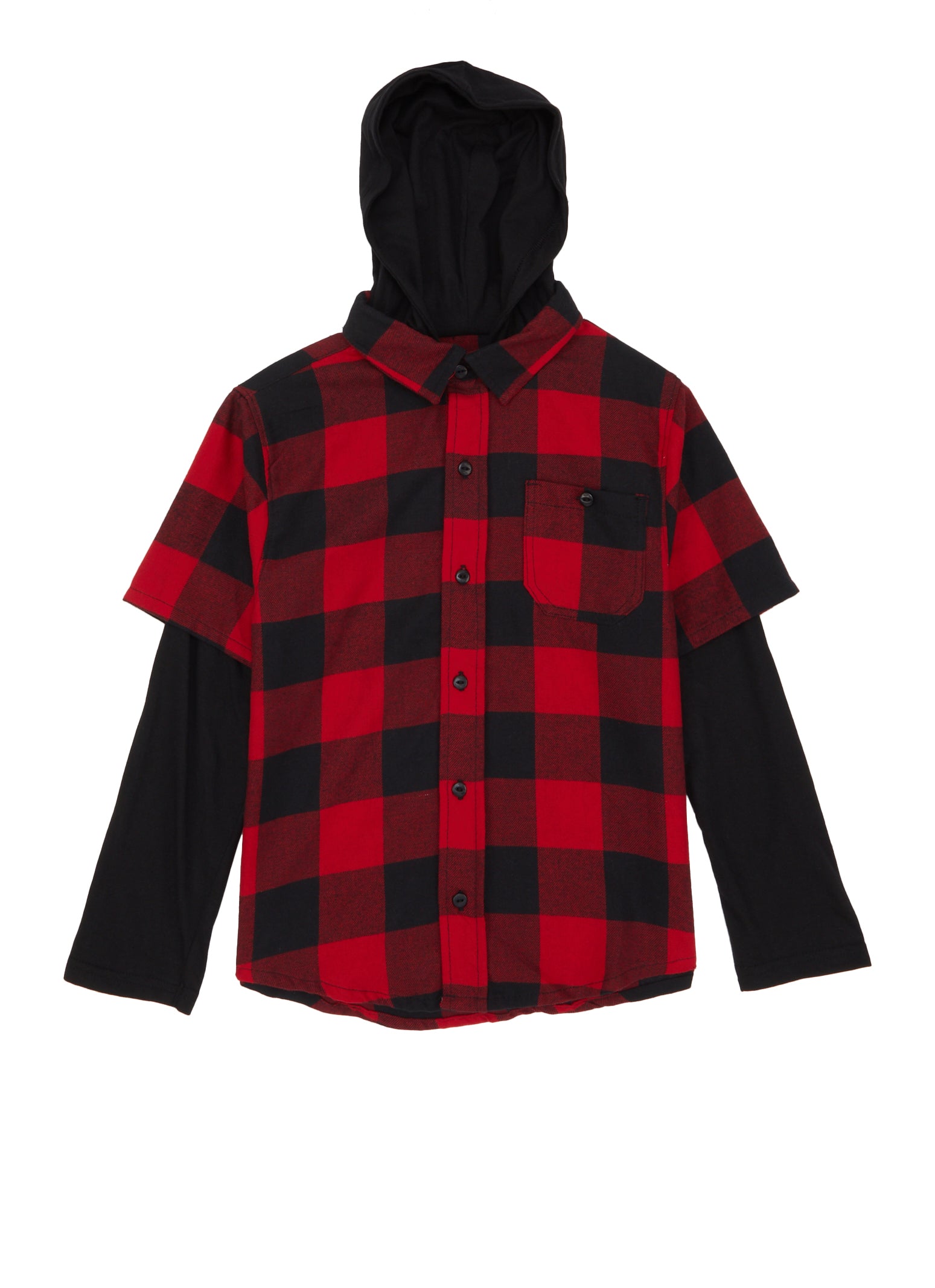 Boys Plaid Hooded Button Front Shirt, Red, Size 10-12