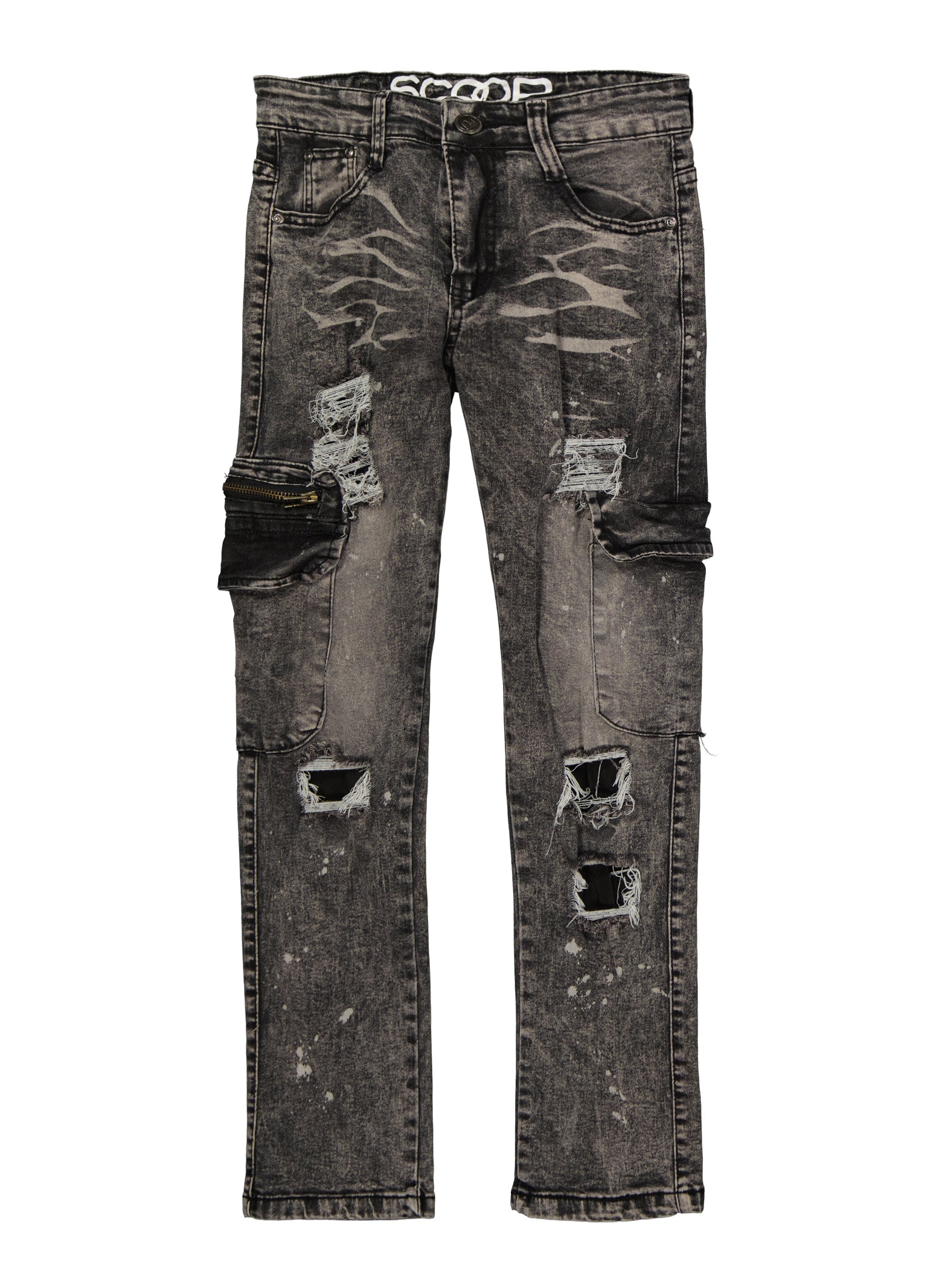 Boys Acid Wash Distressed Cargo Pocket Jeans, Grey, Size 10