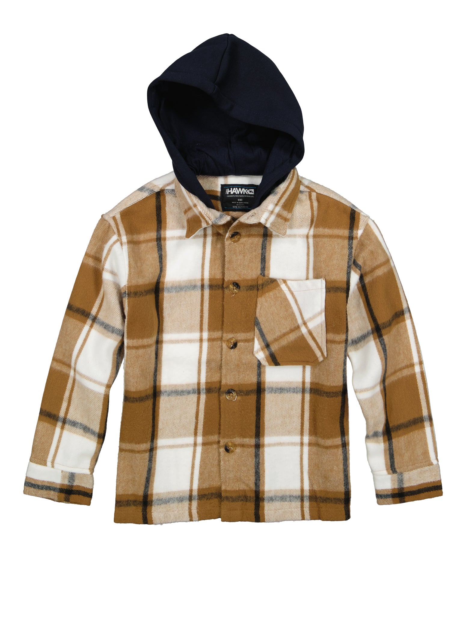 Boys Plaid Brushed Knit Hooded Shacket, Brown, Size 8