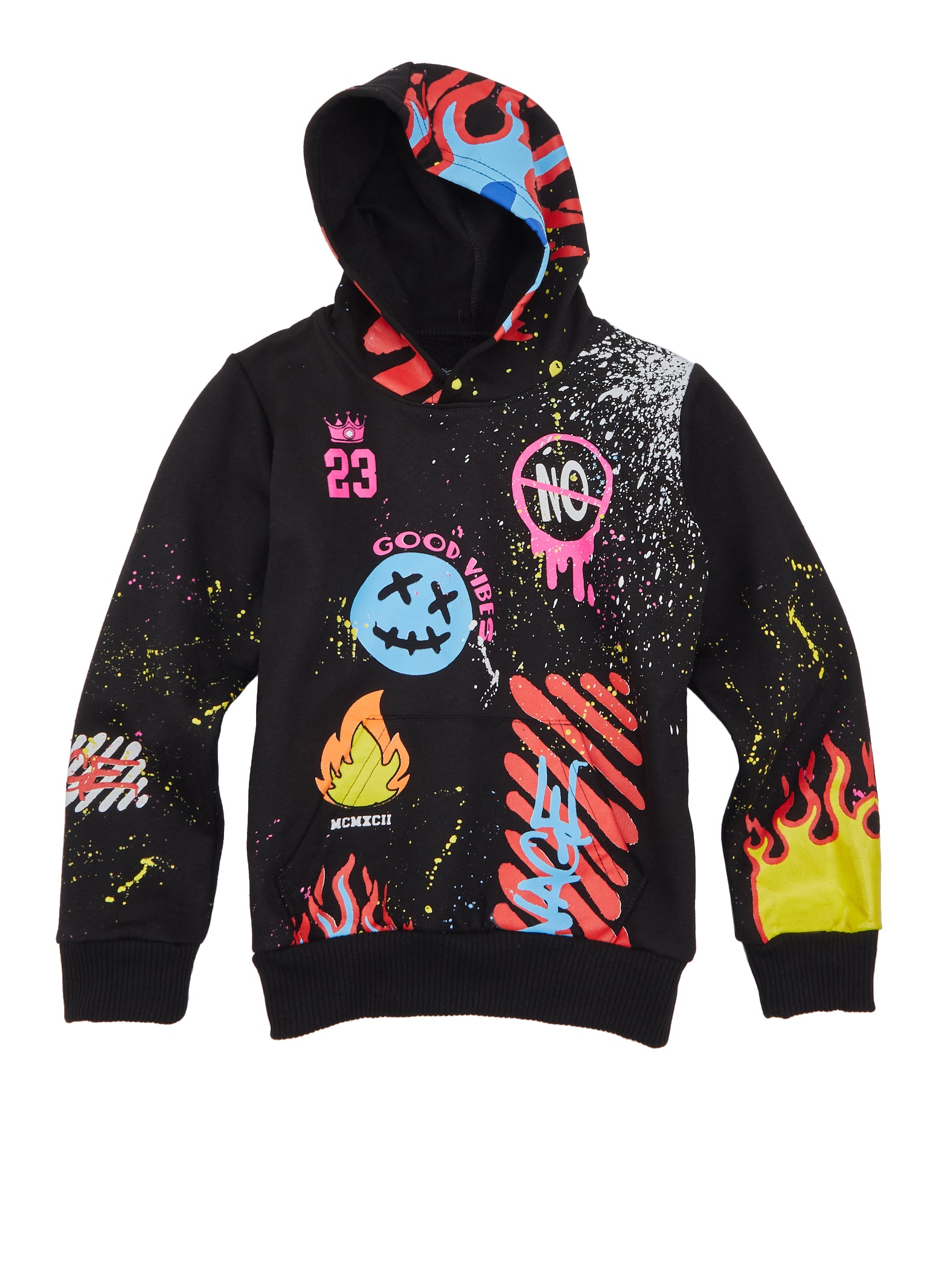 Little Boys Good Vibes Paint Splatter Graphic Hoodie, Black, Size 4