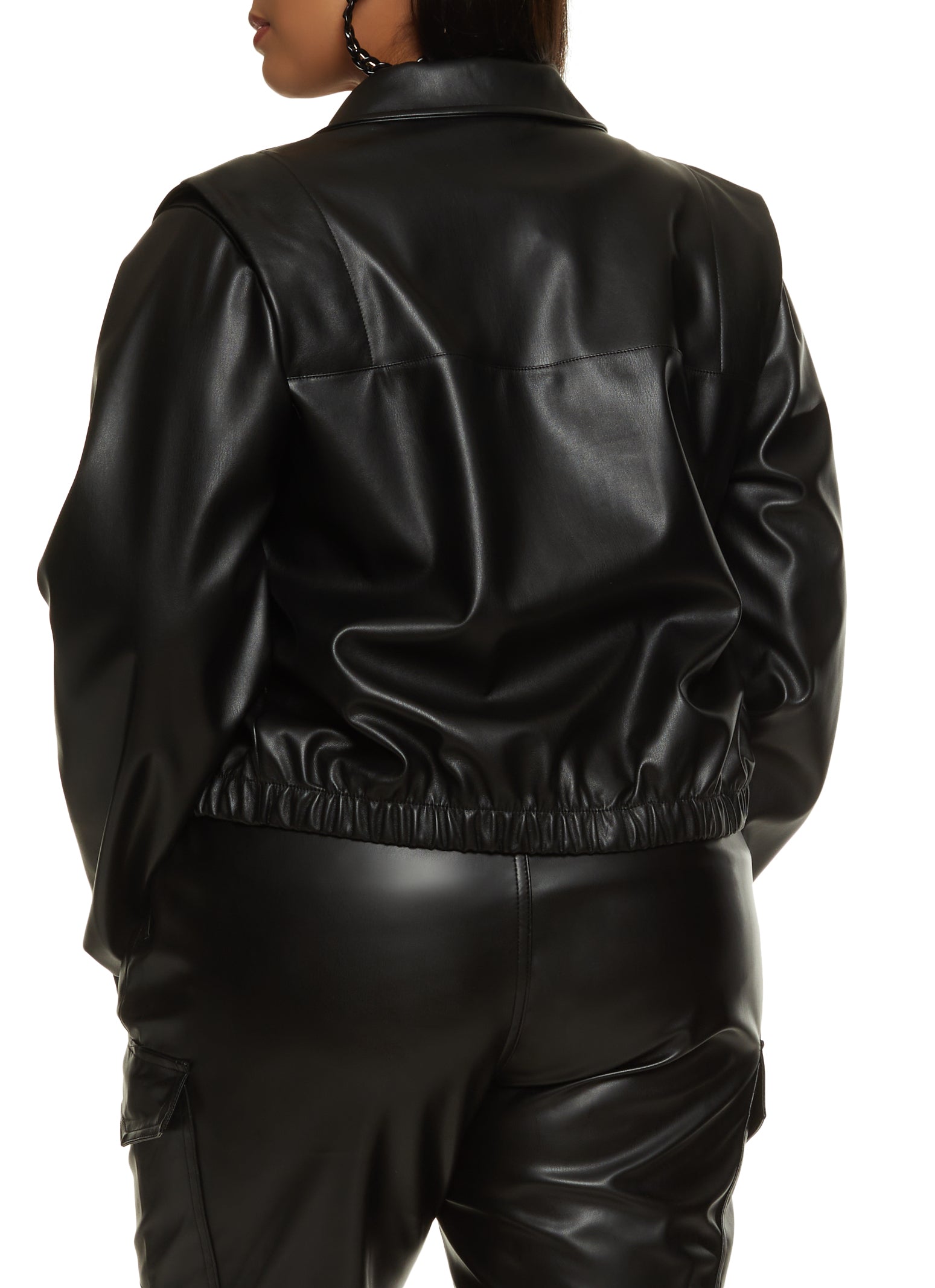 Womens Plus Size Faux Leather Zip Front Jacket, Black, Size 1X