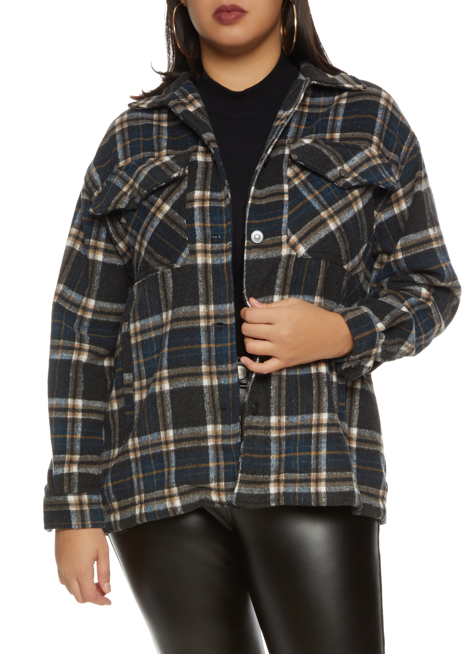 Womens Plus Plaid Brushed Knit Shacket,