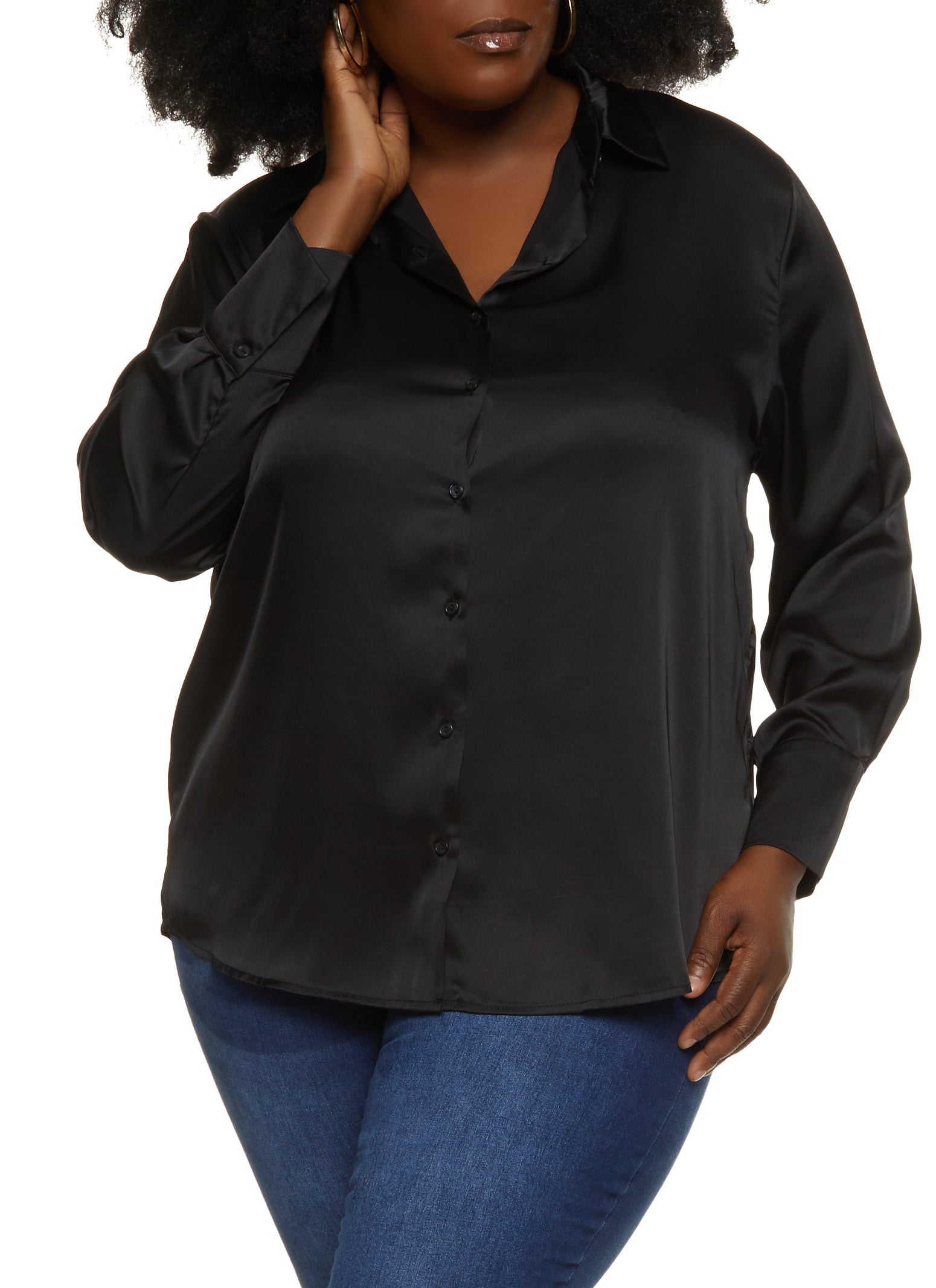 Womens Plus Size Satin Solid Button Down Shirt, Black, Size 1X