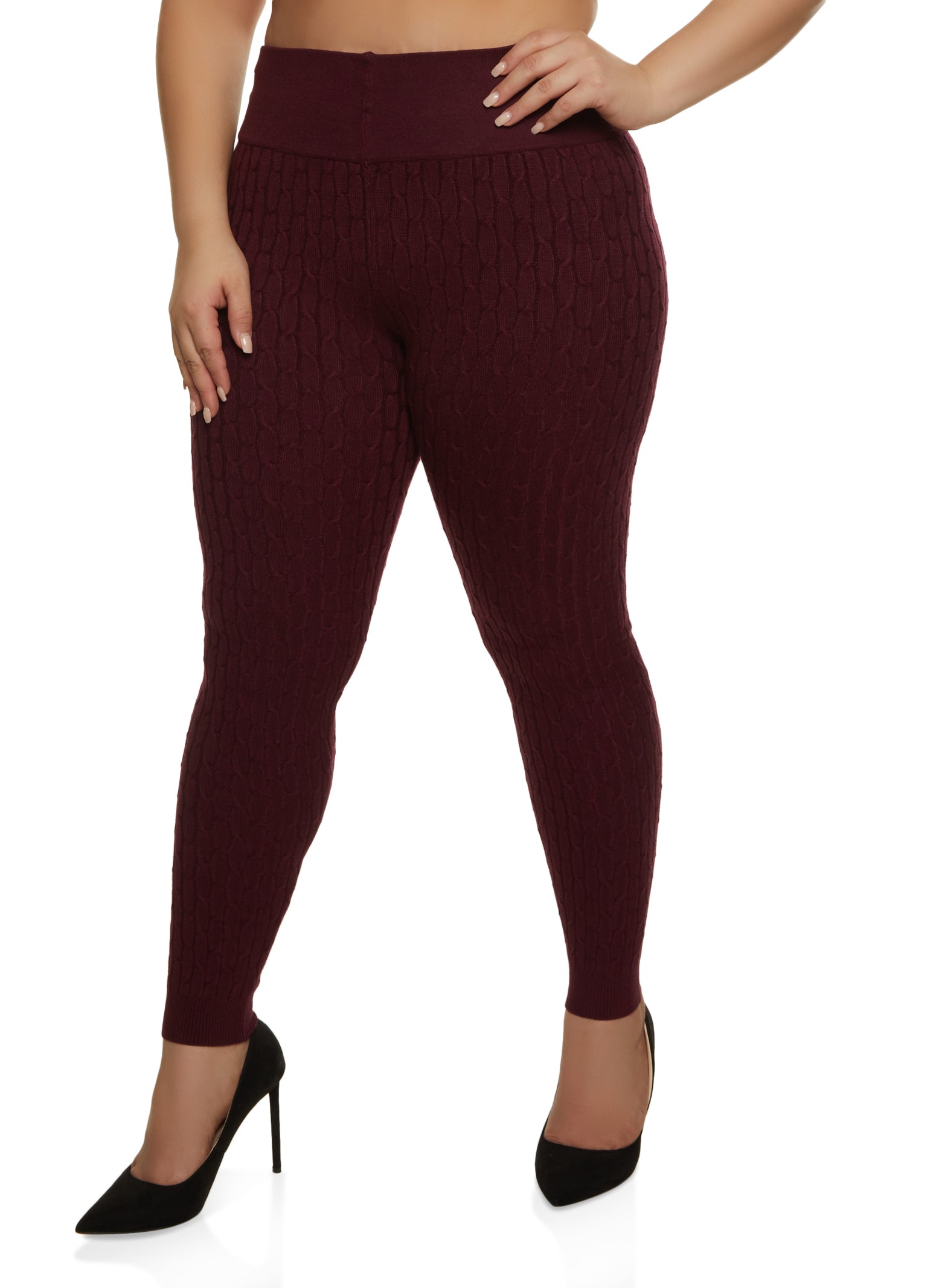Rainbow Shops Womens Plus Size Cable Knit High Waisted Leggings, Burgundy, Size  3X