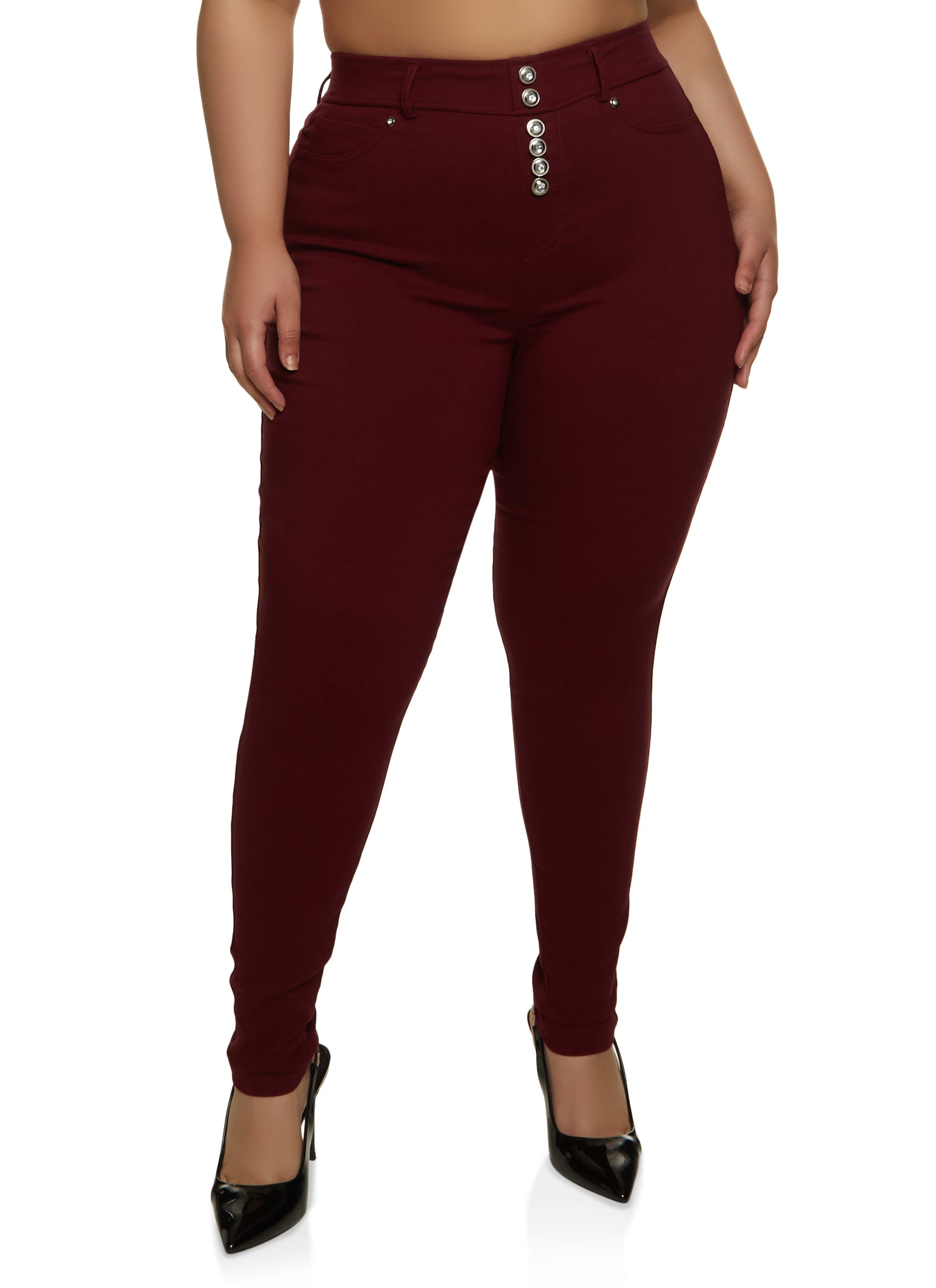 Rainbow Shops Womens Plus Size Stretch Rhinestone Faux Button Pants,  Burgundy, Size 1X