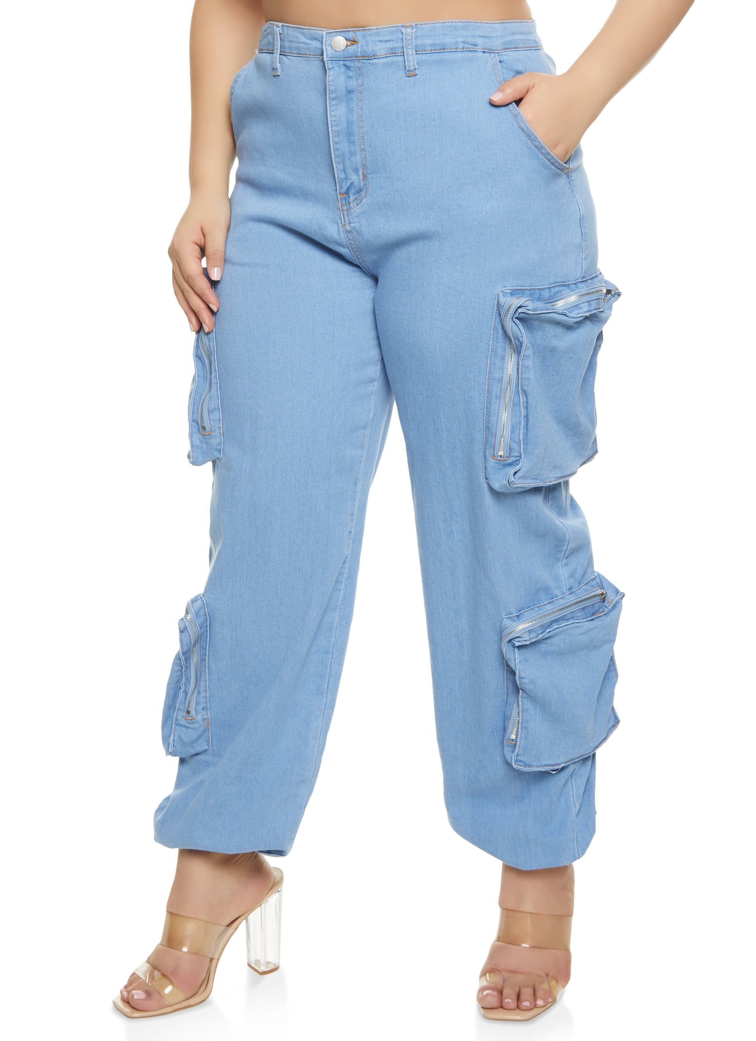 Rainbow Shops Womens Plus Size Zip Cargo Pocket Jeans, Blue, Size 1X