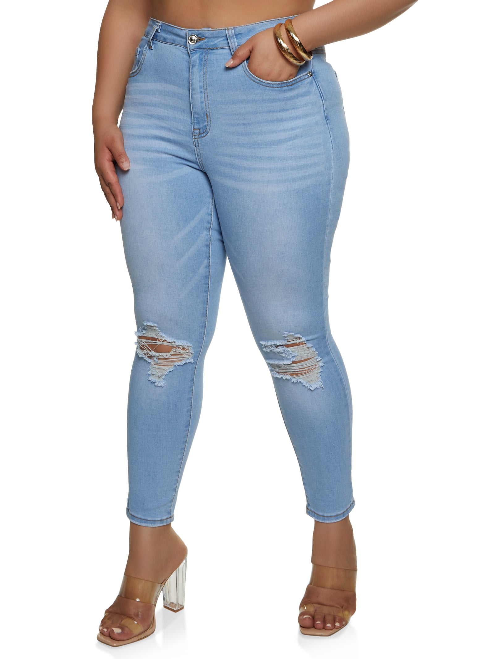 Womens Plus WAX Ripped Knee Distressed Jeans, Blue,