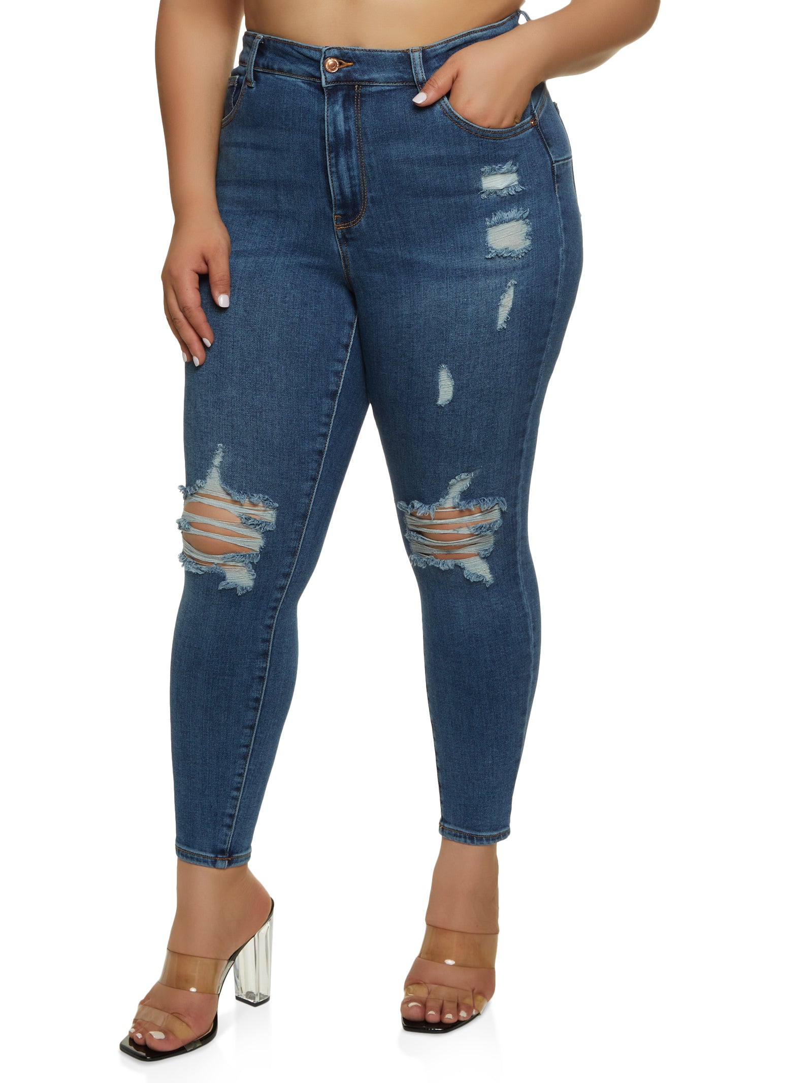Womens Plus Size WAX Distressed High Waisted Skinny Jeans, Blue, Size 20