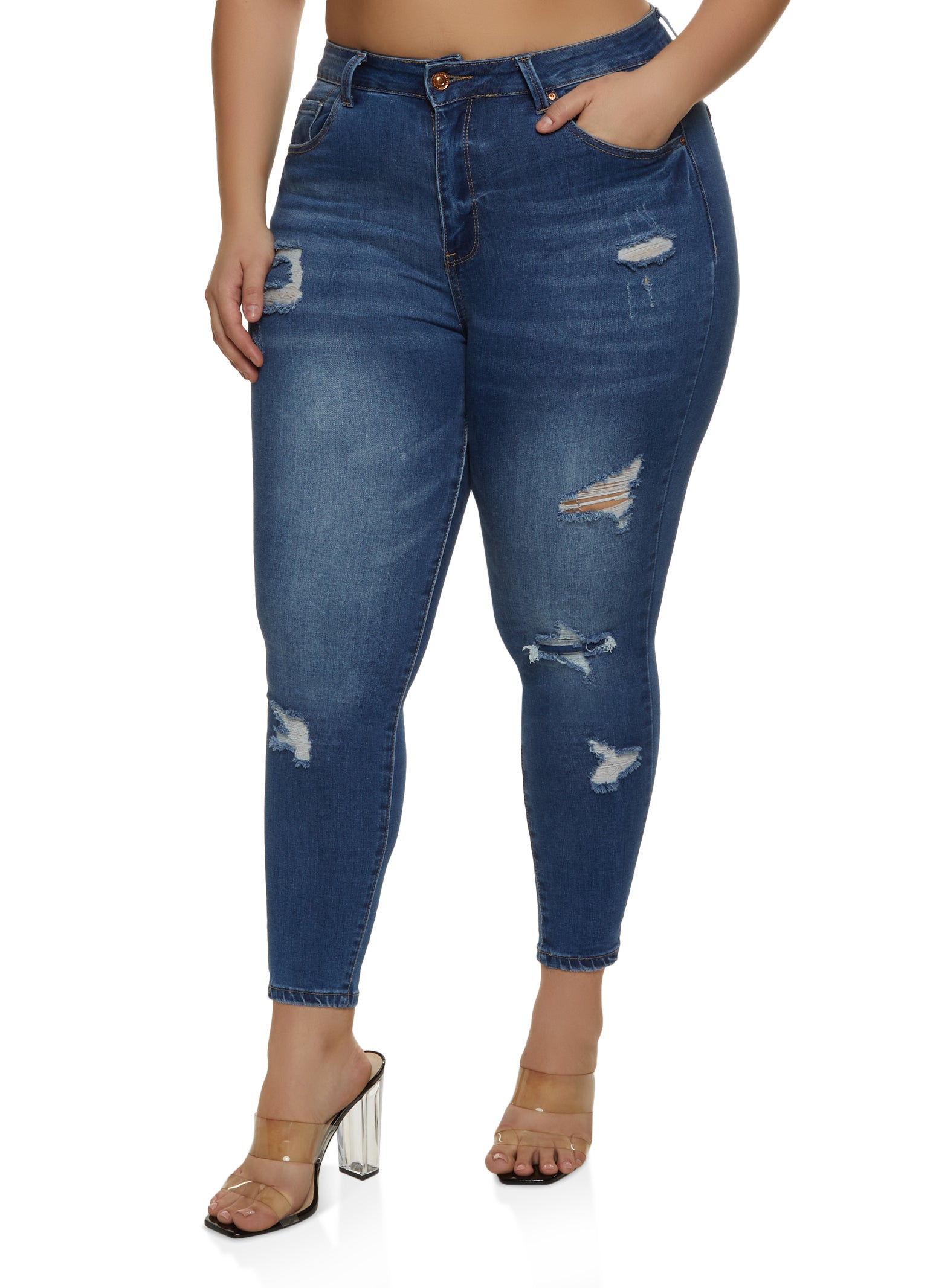 Womens Plus WAX Distressed Cropped Jeans, Blue,