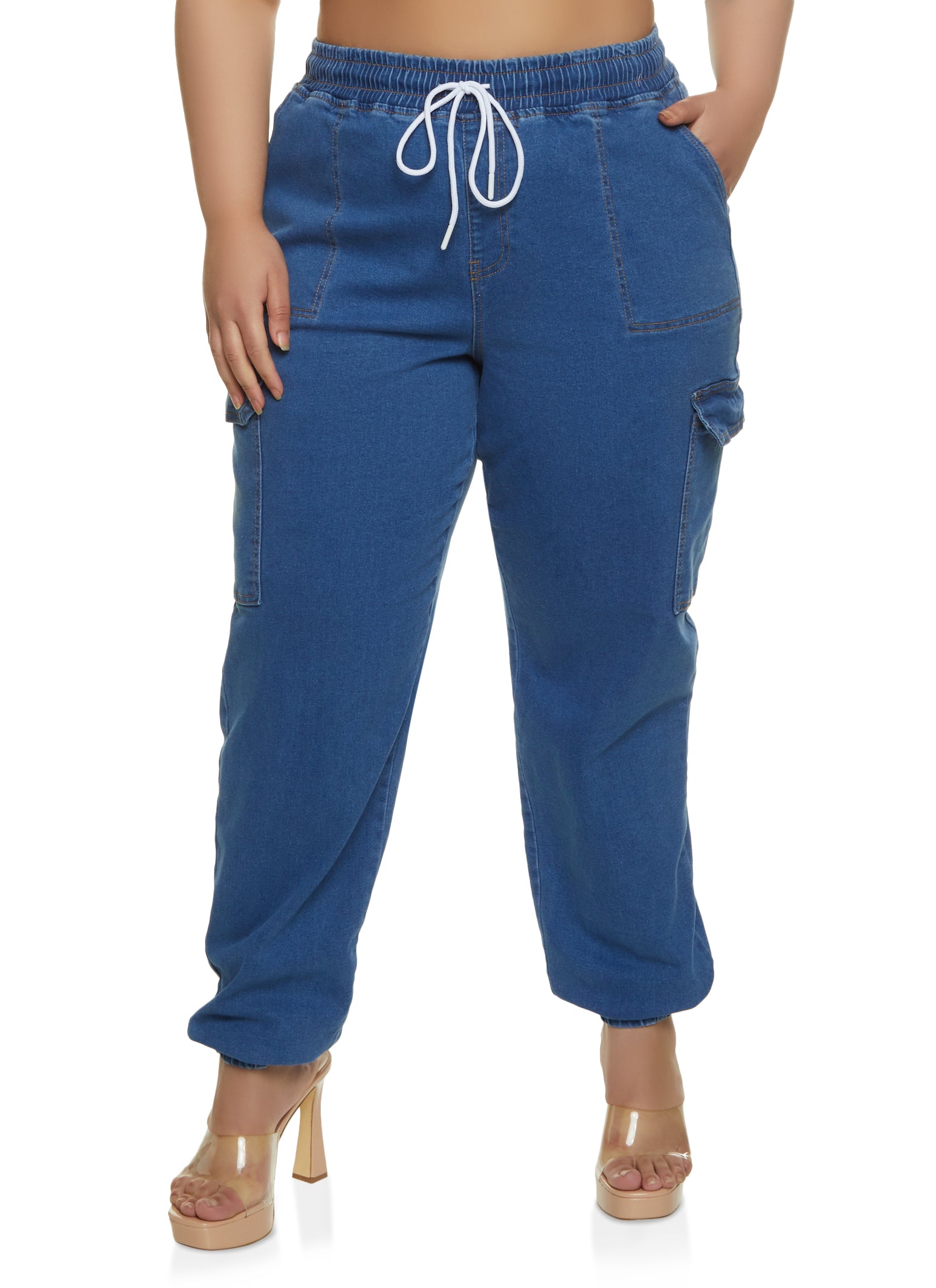 Womens Plus WAX Denim Joggers, Blue,