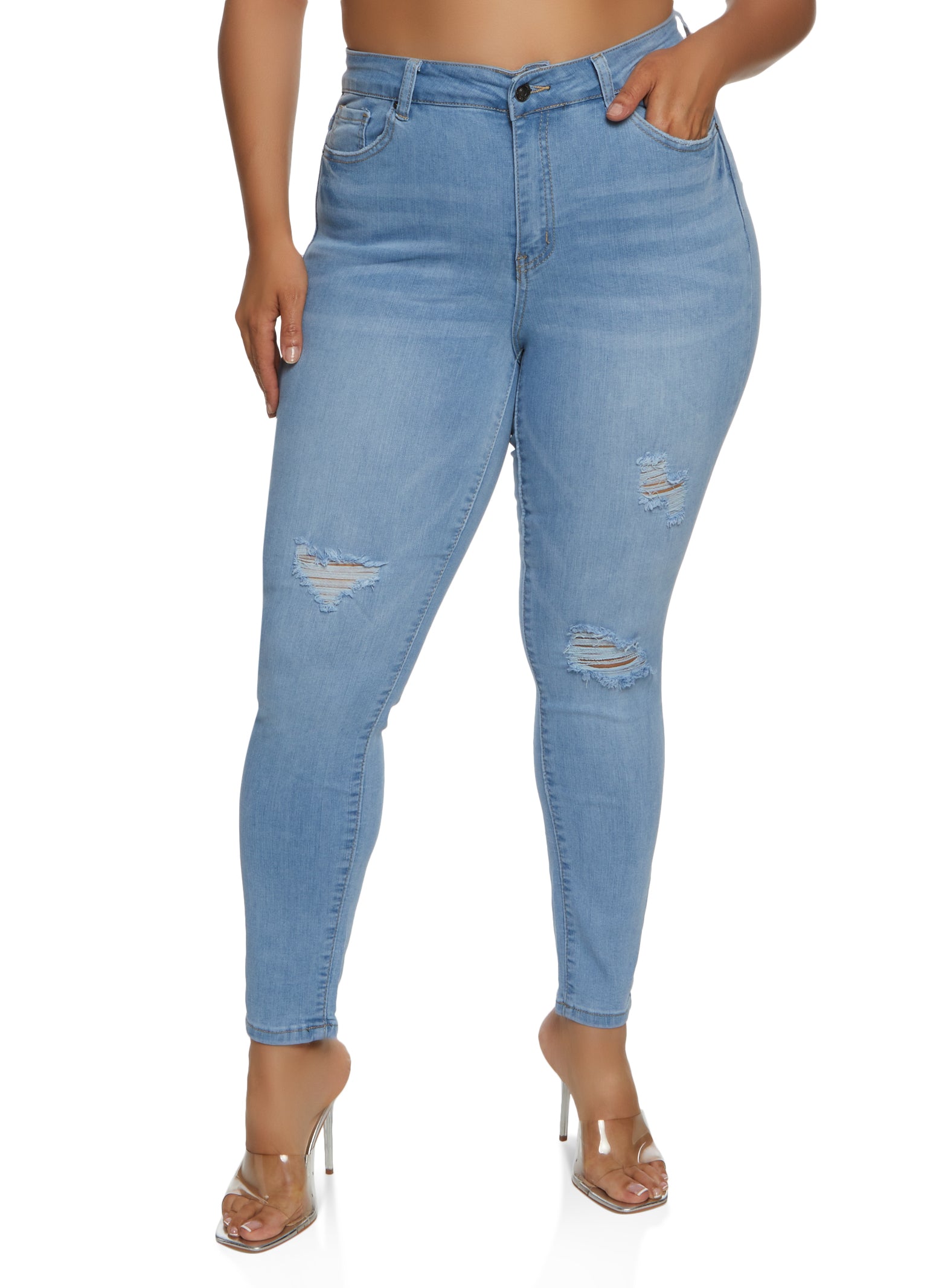 Womens Plus WAX Distressed Whiskered High Waisted Skinny Jeans, Blue,