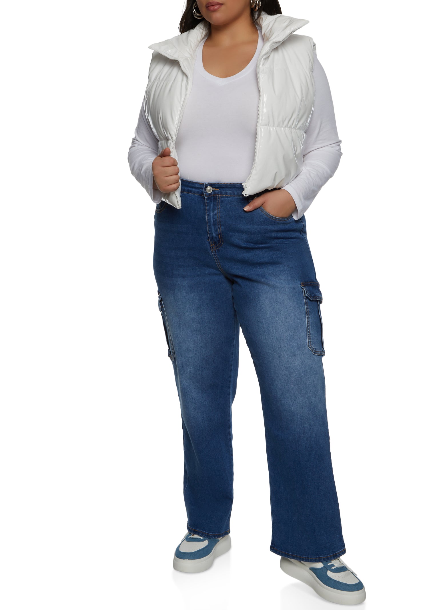 Womens Plus WAX Whiskered Wide Leg Cargo Jeans, Blue,