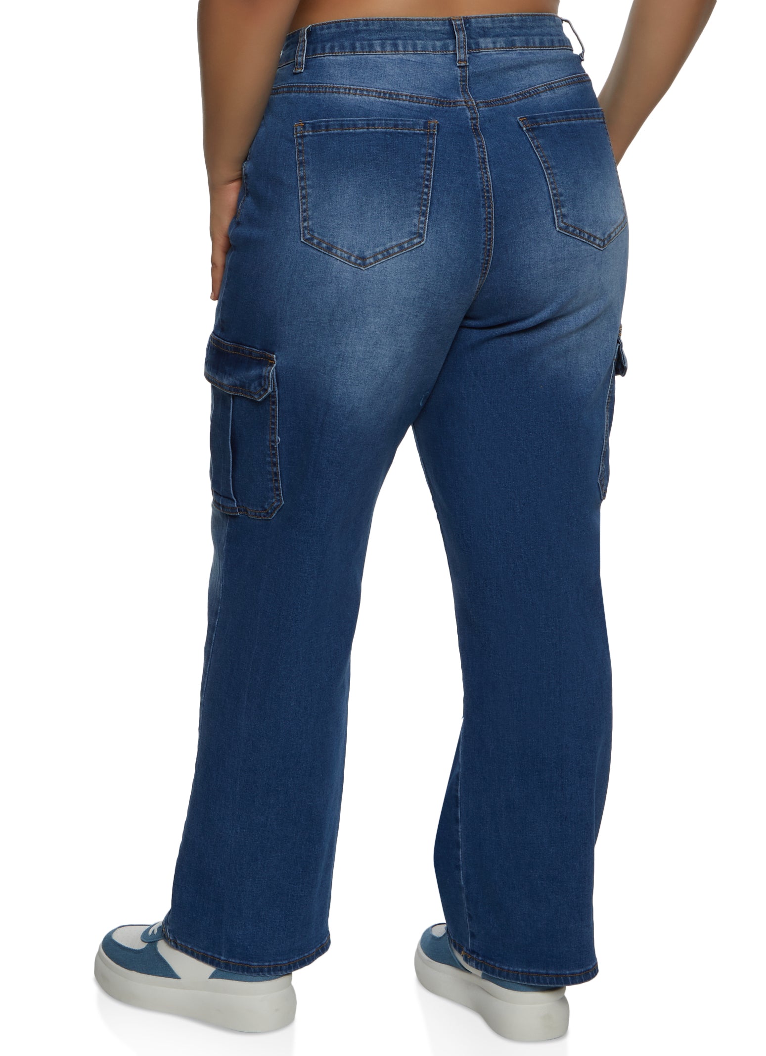 Womens Plus WAX Whiskered Wide Leg Cargo Jeans, Blue,