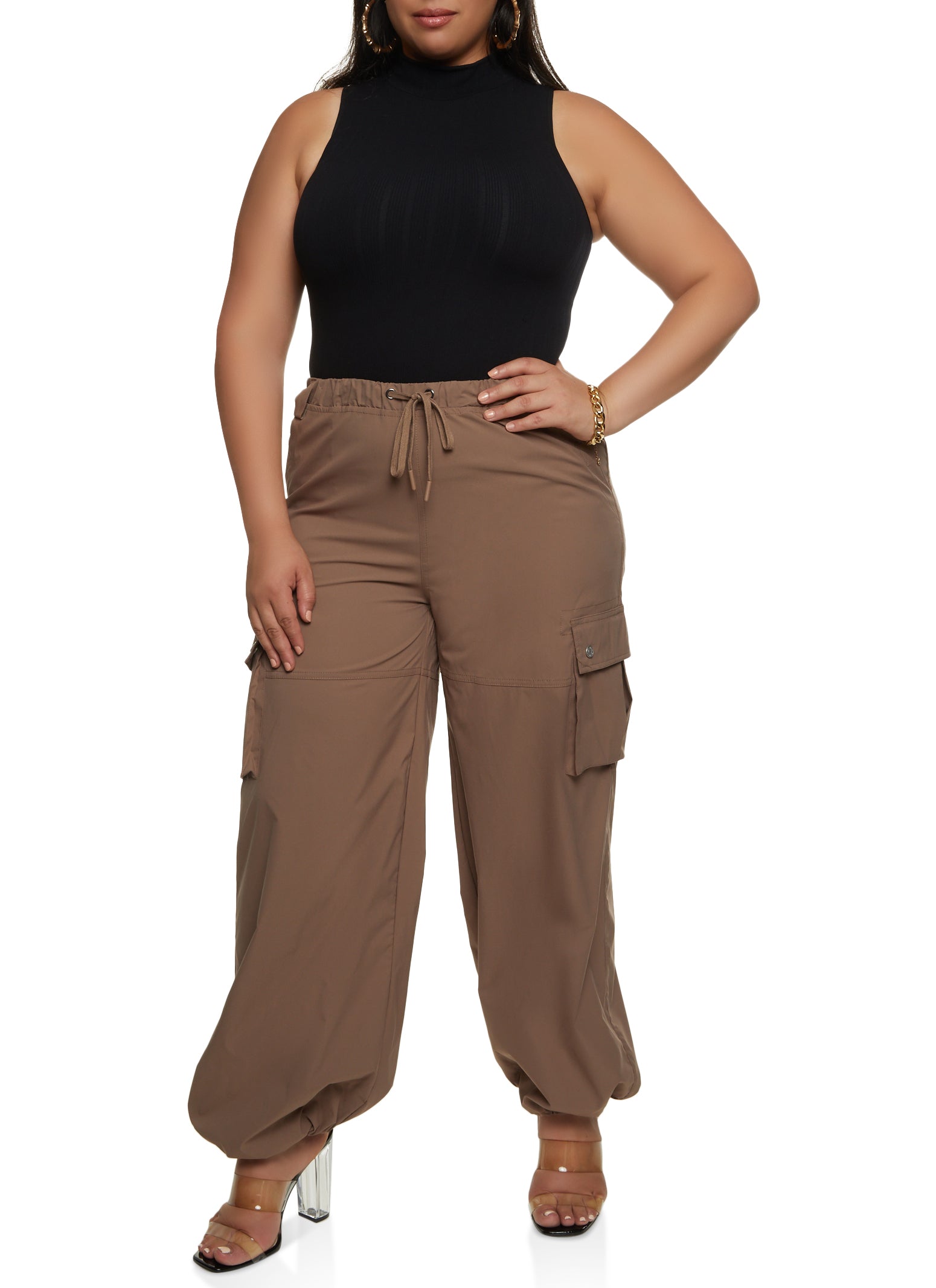 Rainbow Shops Womens Plus Size Solid Drawstring Waist Cargo Joggers, Brown, Size  2X