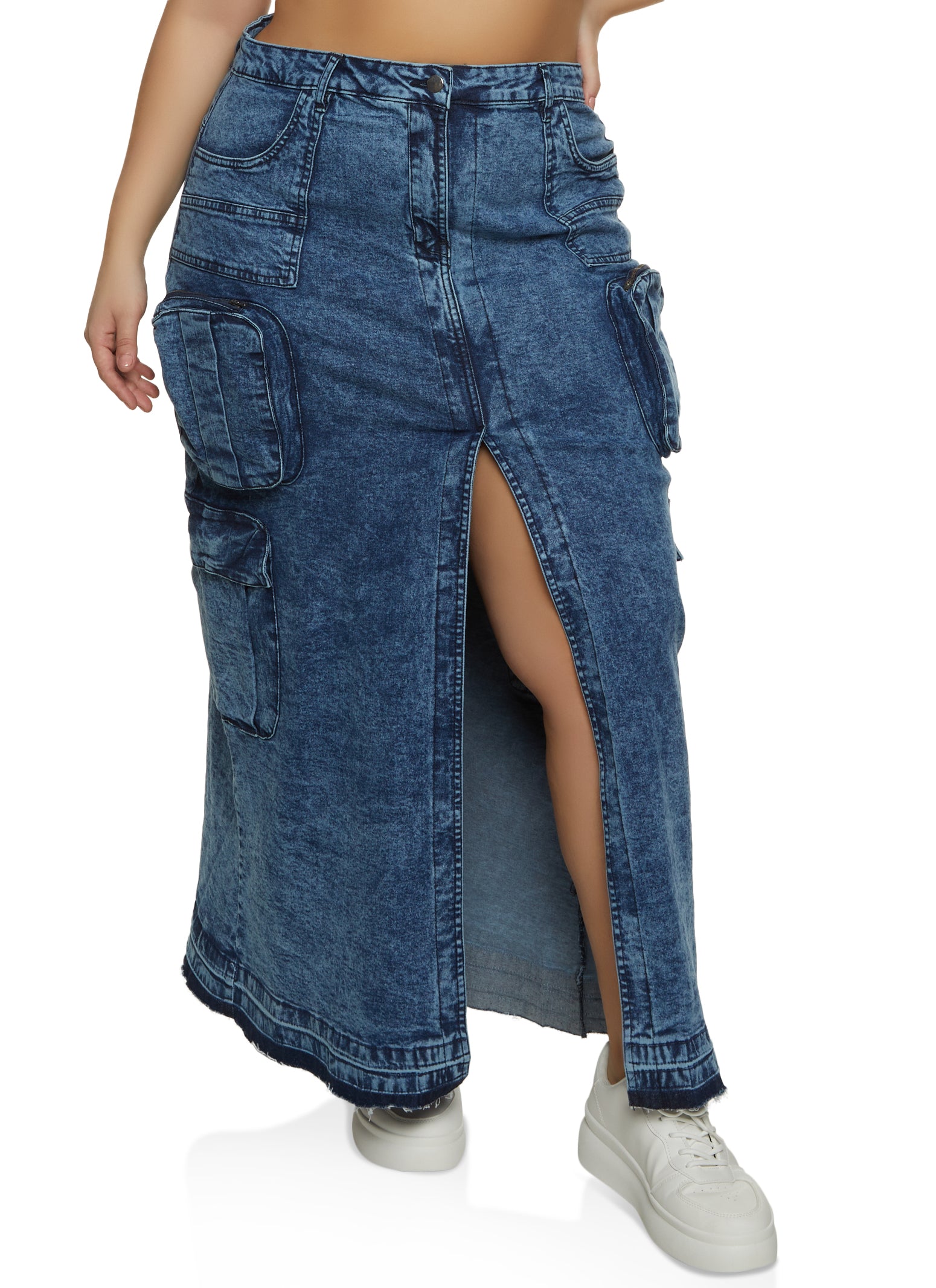 Womens Plus Acid Wash Denim Cargo Skirt, Blue,