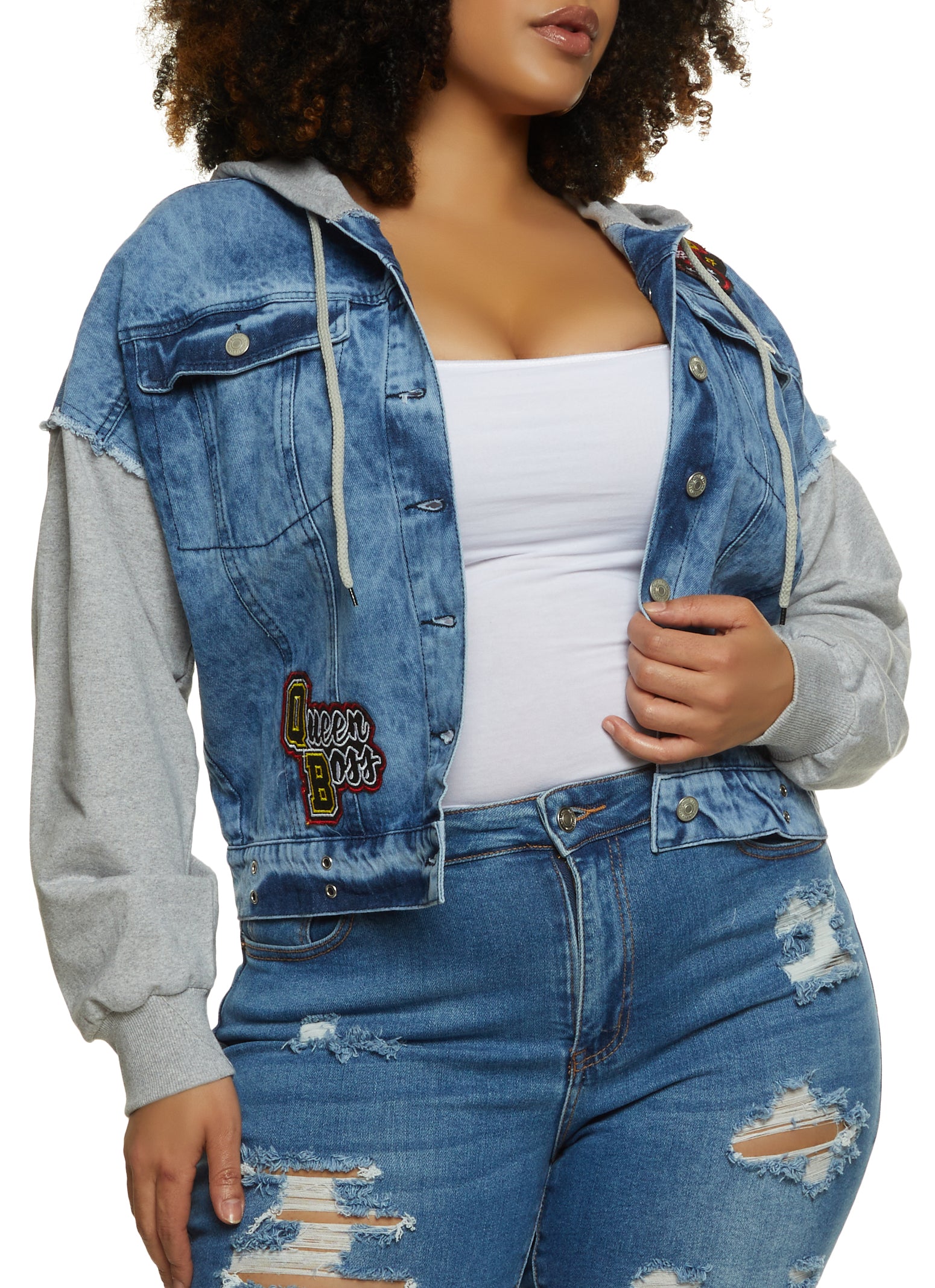 Plus Size Graphic Patch Hooded Denim Jacket - Heather