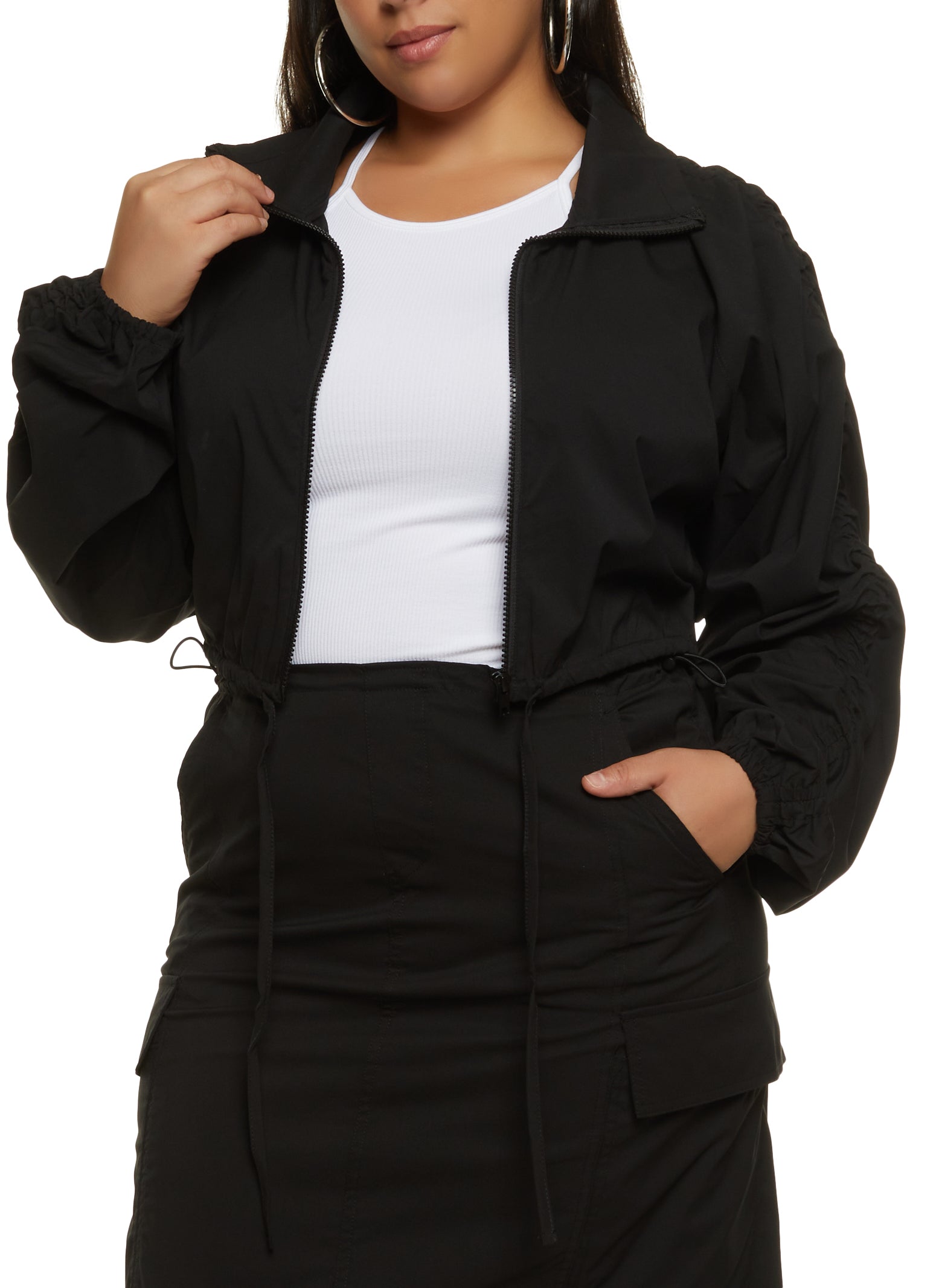Womens Plus Zip Front Ruched Sleeve Cropped Jacket,