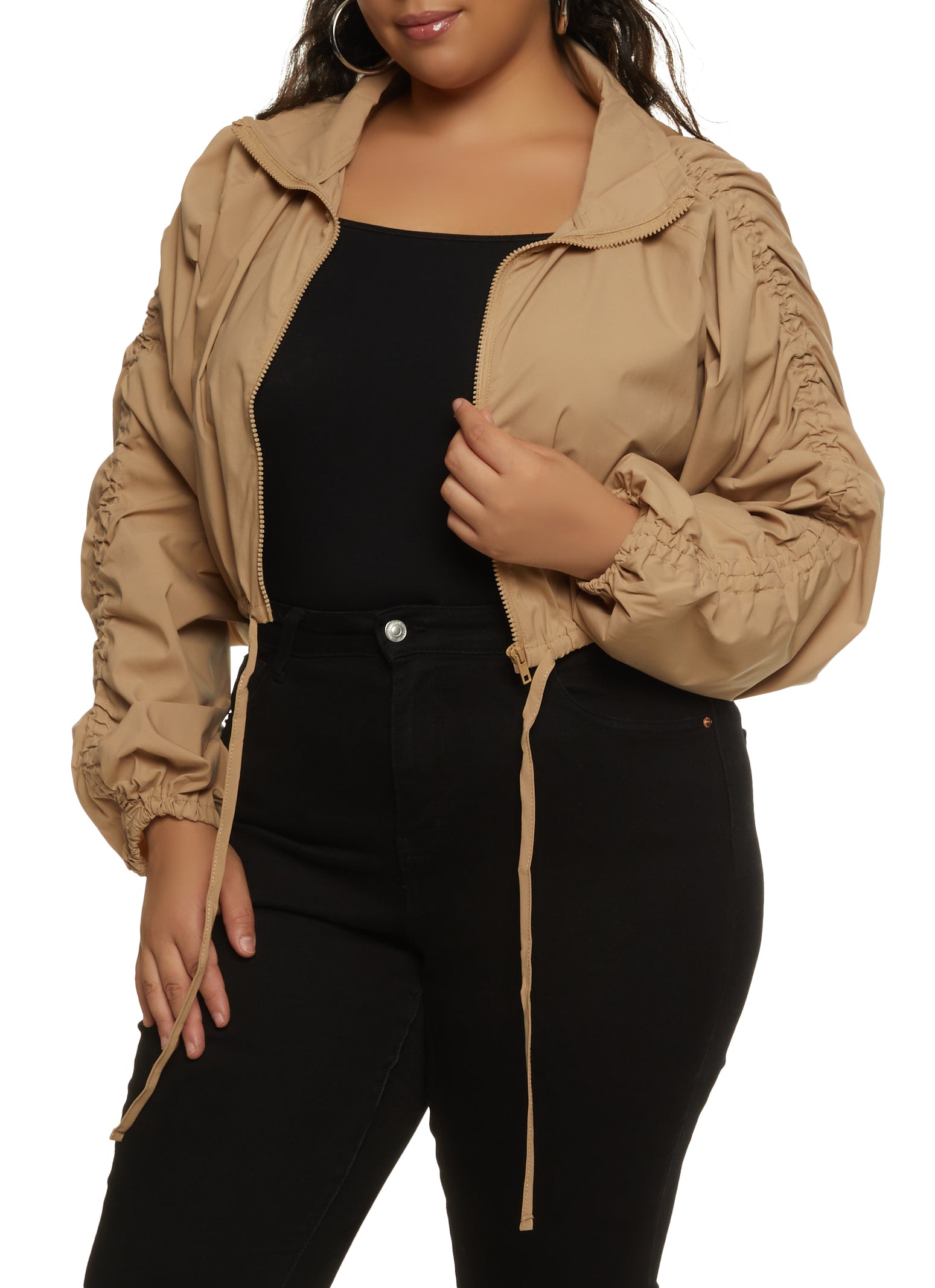 Womens Plus Zip Front Ruched Sleeve Cropped Jacket,
