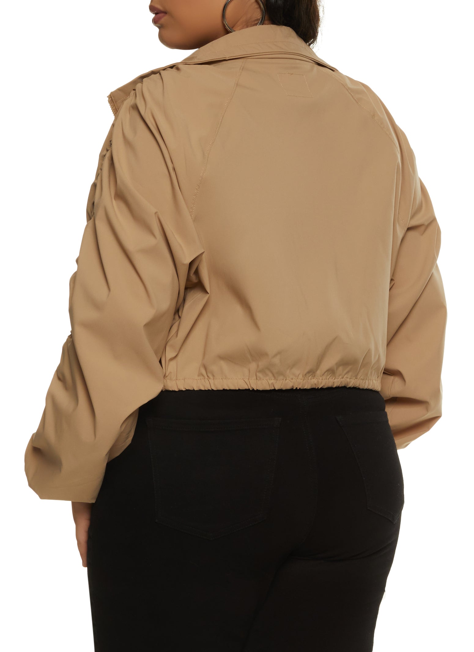 Womens Plus Zip Front Ruched Sleeve Cropped Jacket,