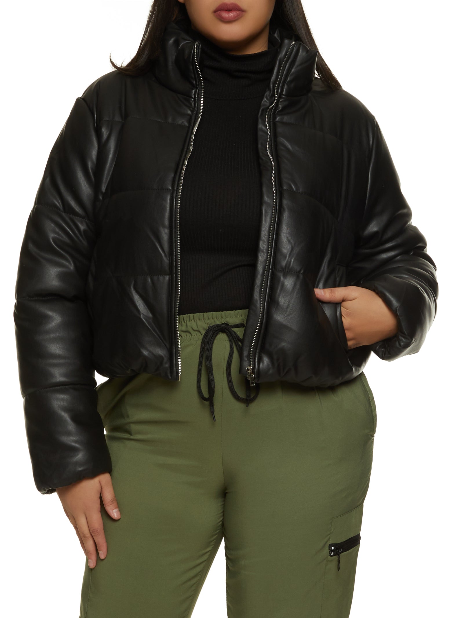 Womens Yours Curve PU Puffer Jacket - Black