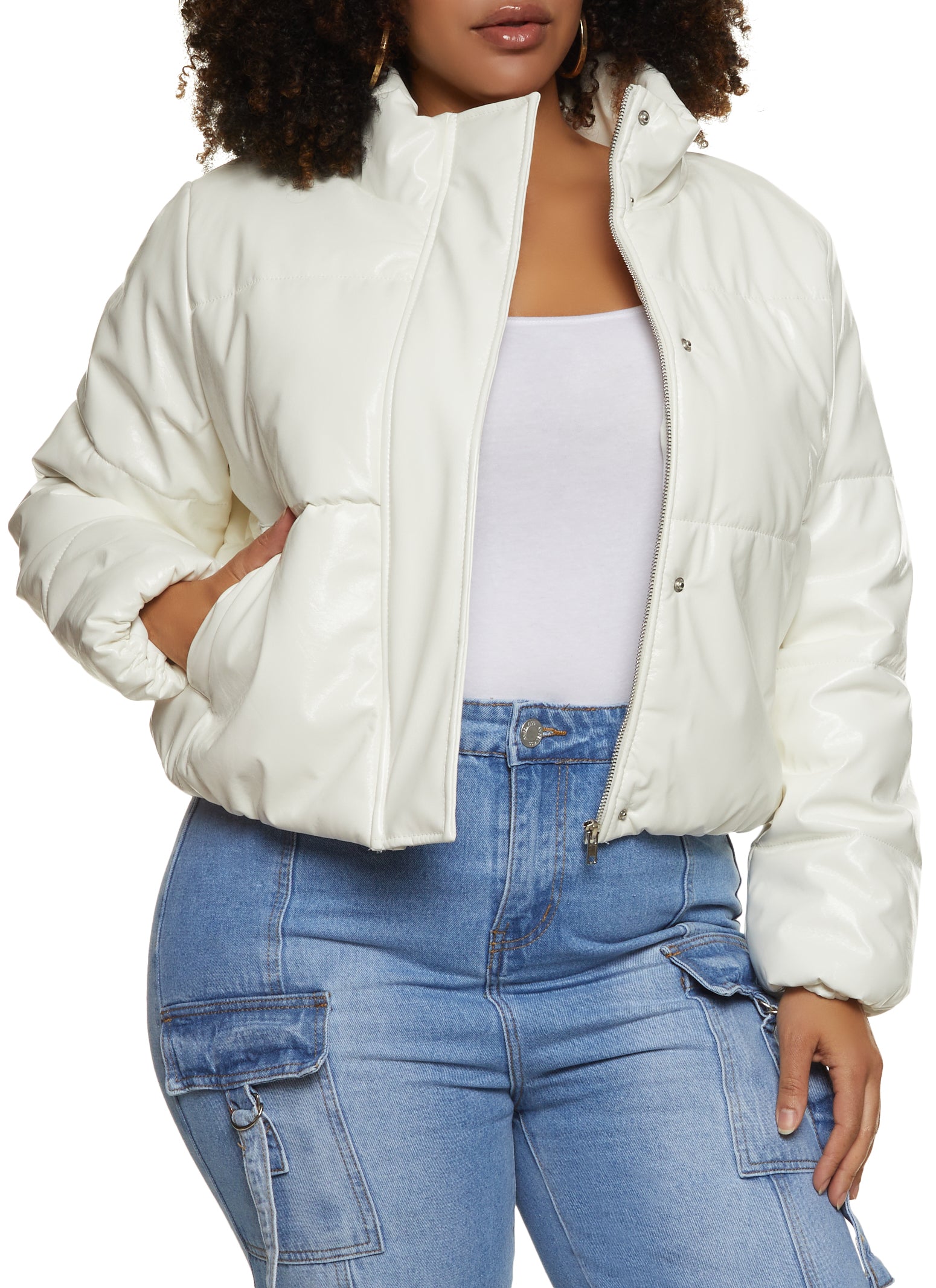 *Final Sale Plus Size Shiny Crop Puffer Jacket in Silver Iridescent Lo