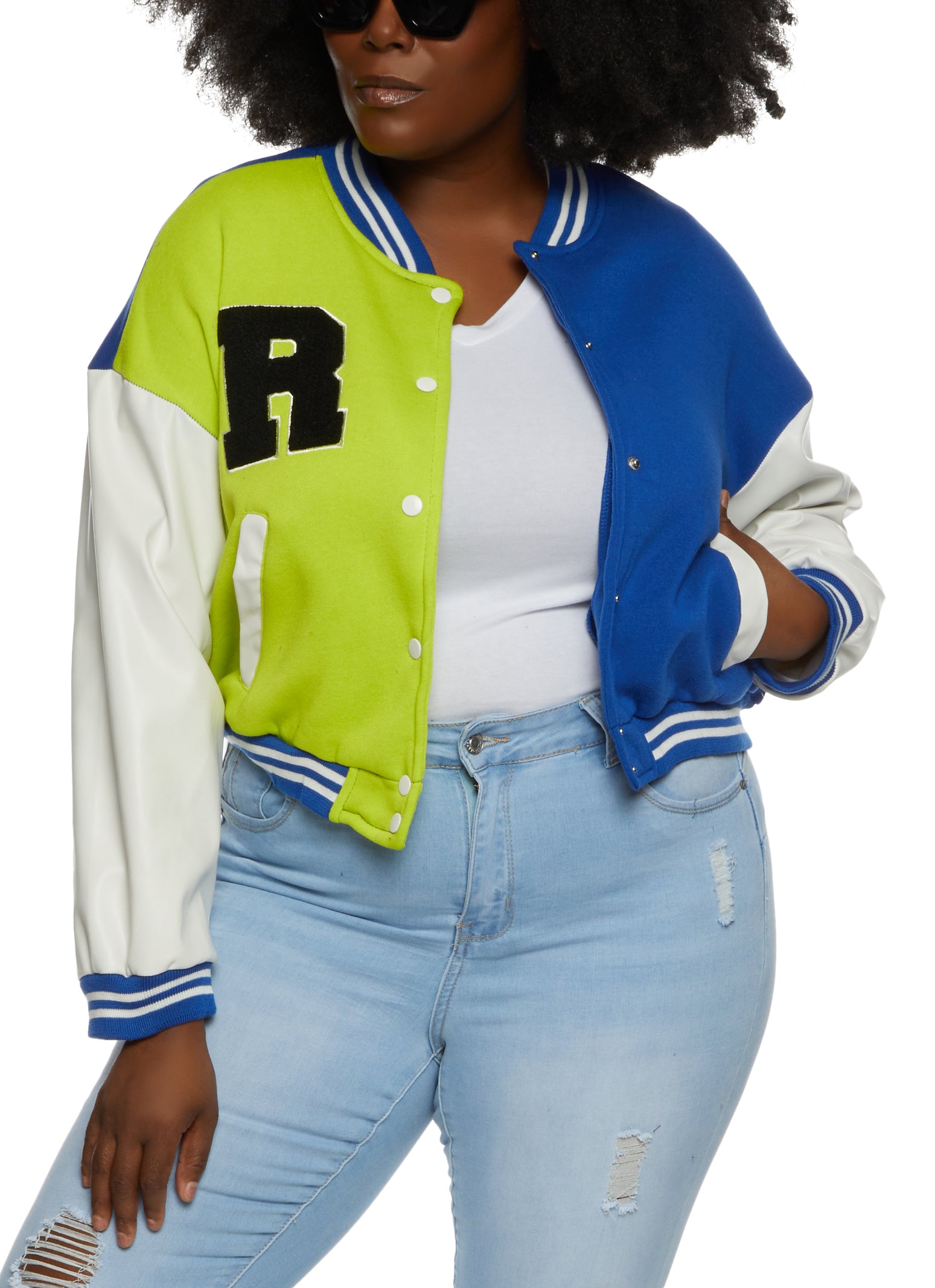 Womens Plus Size Color Block Chenille Patch Cropped Varsity Jacket, Multi, Size 1X