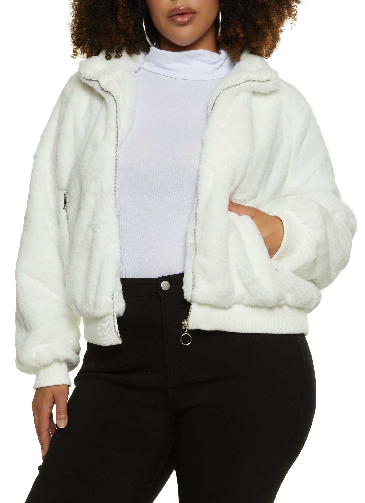 Women's Plus Black Faux Fur Shaggy Cropped Jacket - Size 18