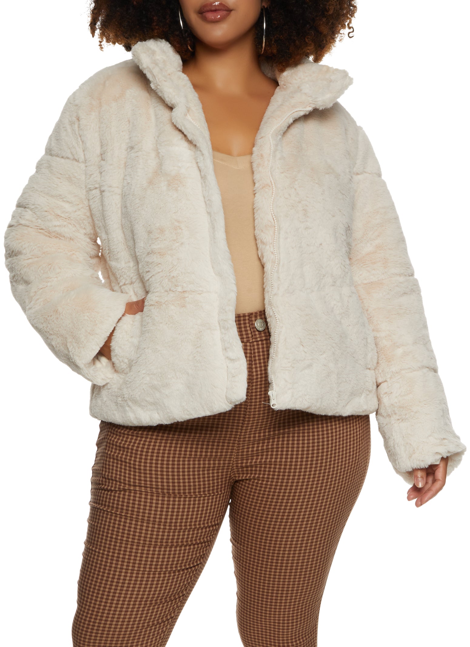 Womens Plus Size Funnel Neck Faux Fur Jacket, Beige, Size 2X