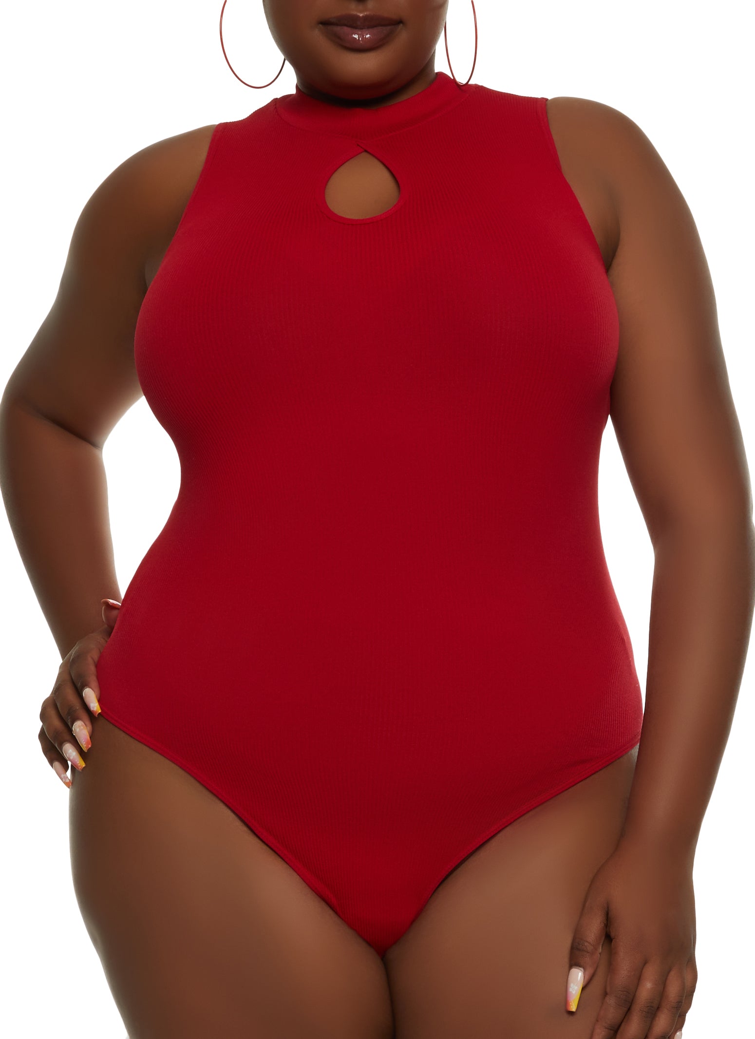 Rainbow Shops Womens Plus Size Seamless Mock Neck Keyhole Bodysuit, Red, Size  2X-3X