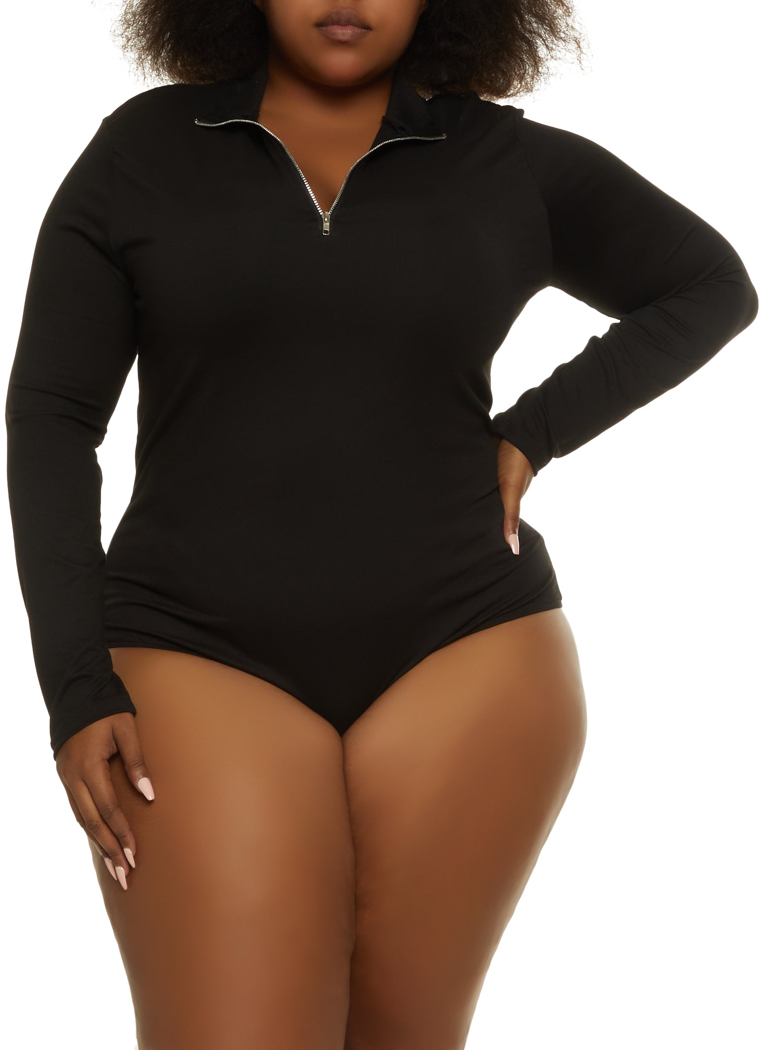 Rainbow Shops Womens Plus Size Zip Neck Long Sleeve Bodysuit, Black, Size 2X