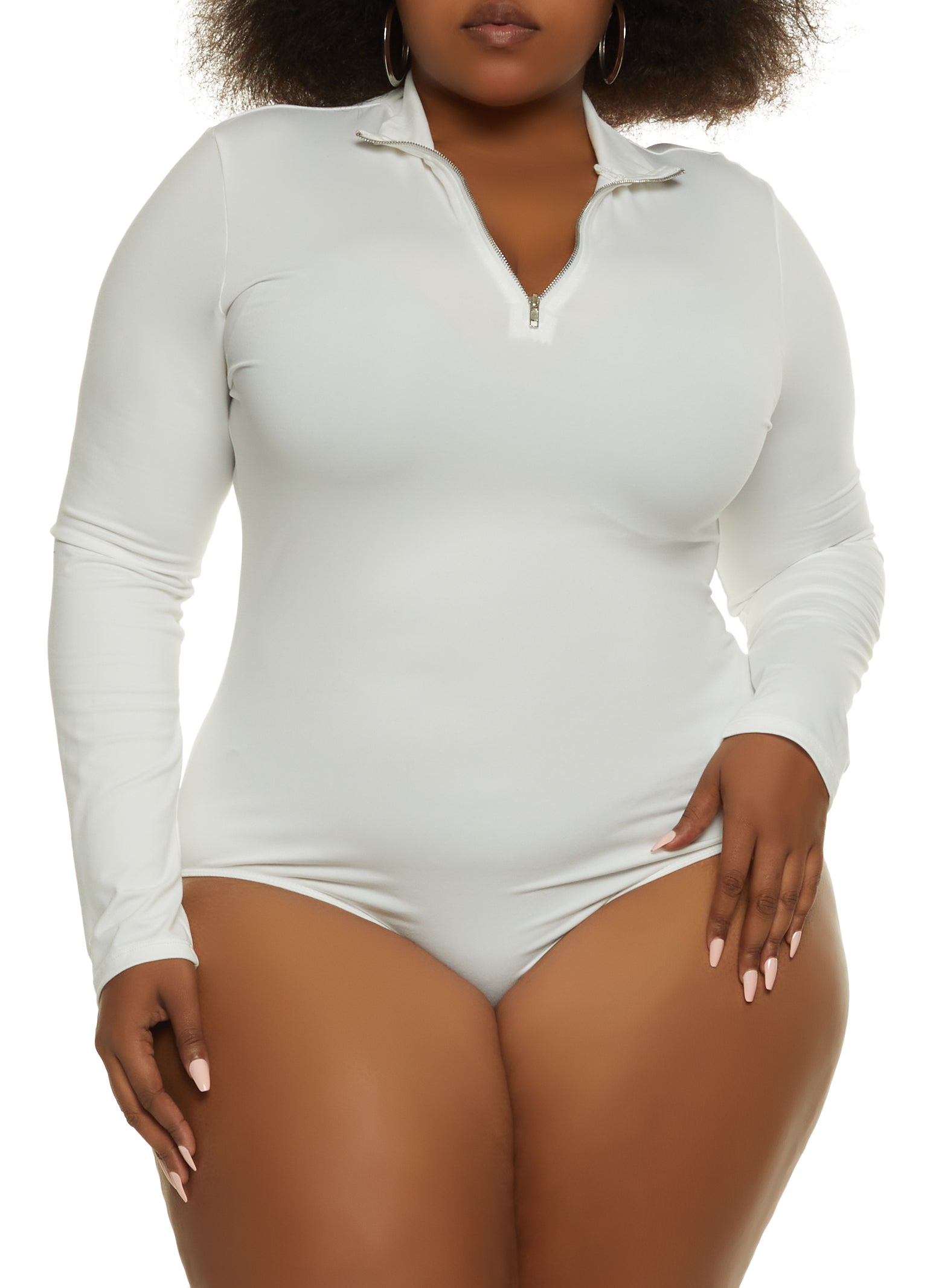 Rainbow Shops Womens Plus Size Zip Neck Long Sleeve Bodysuit, White, Size 3X
