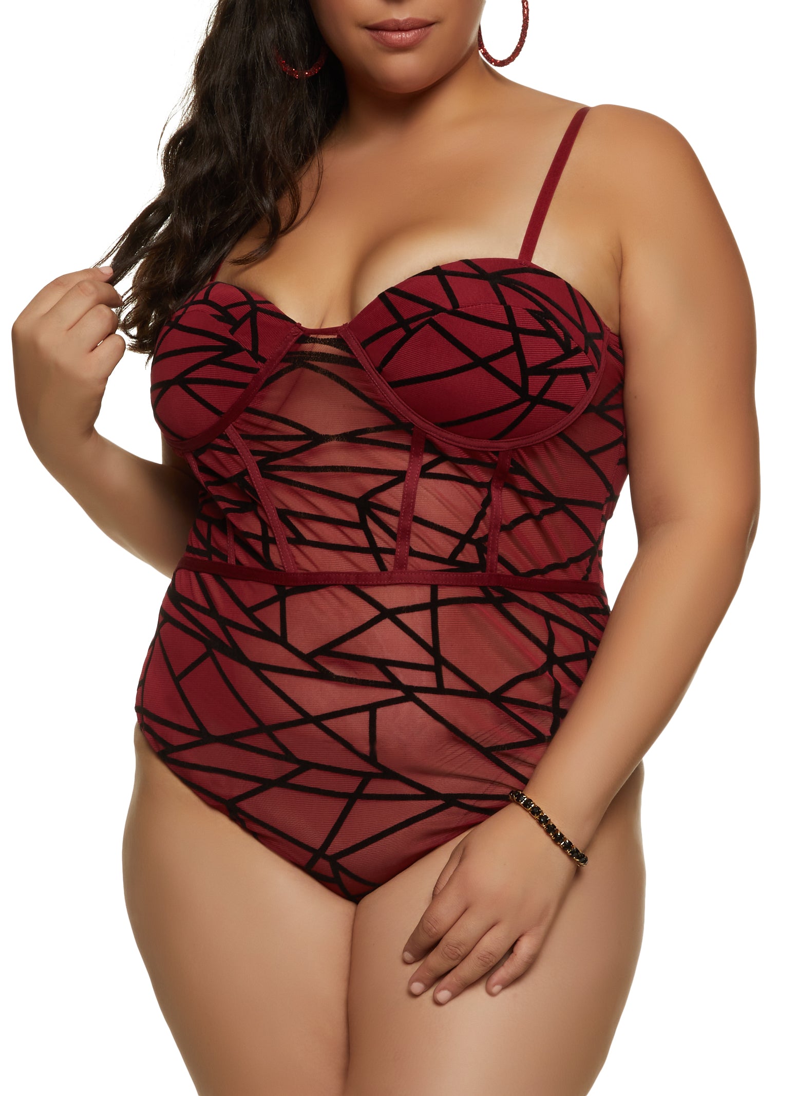 Womens Plus Size Velvet Burnout Patterned Mesh Bodysuit, Burgundy, Size 1X