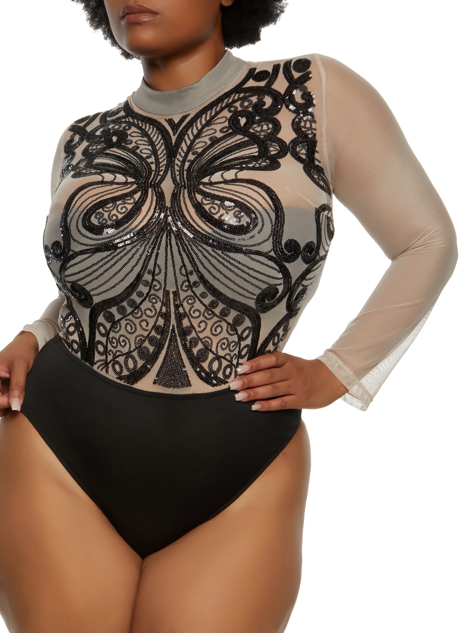 Womens Plus Size Butterfly Sequin Mesh Long Sleeve Bodysuit, Multi, Size 1X