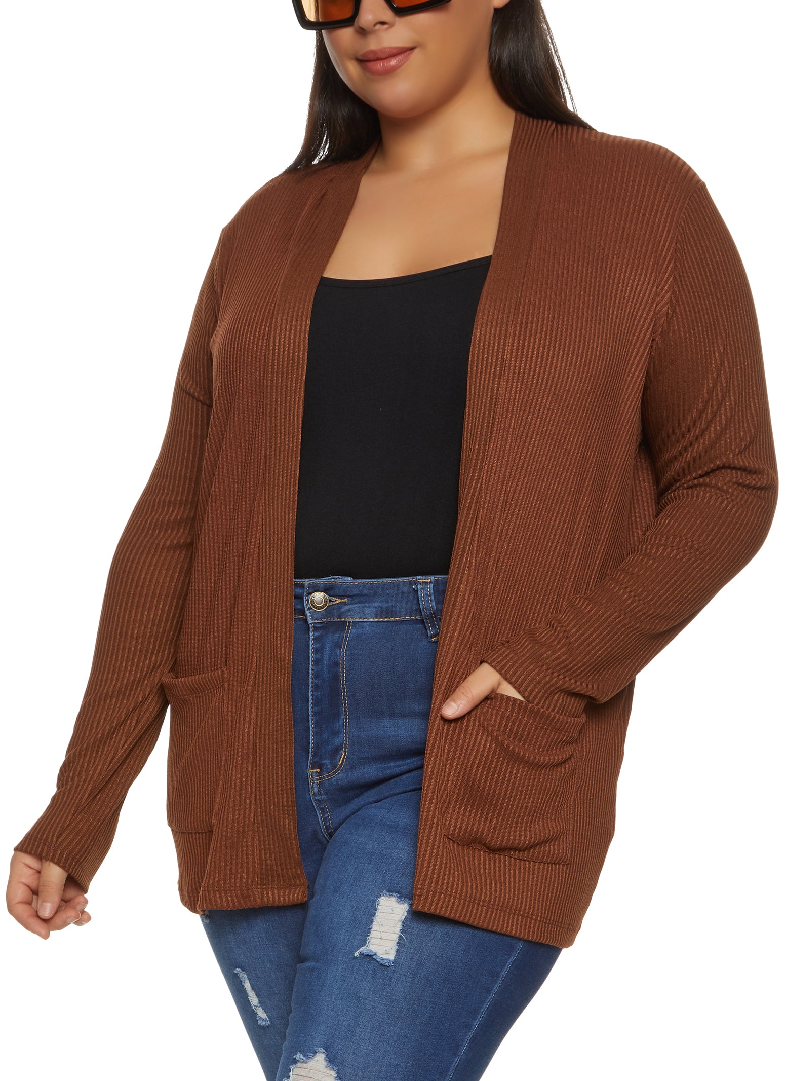 Womens Plus Size Ribbed Knit Pocket Cardigan, Brown, Size 1X