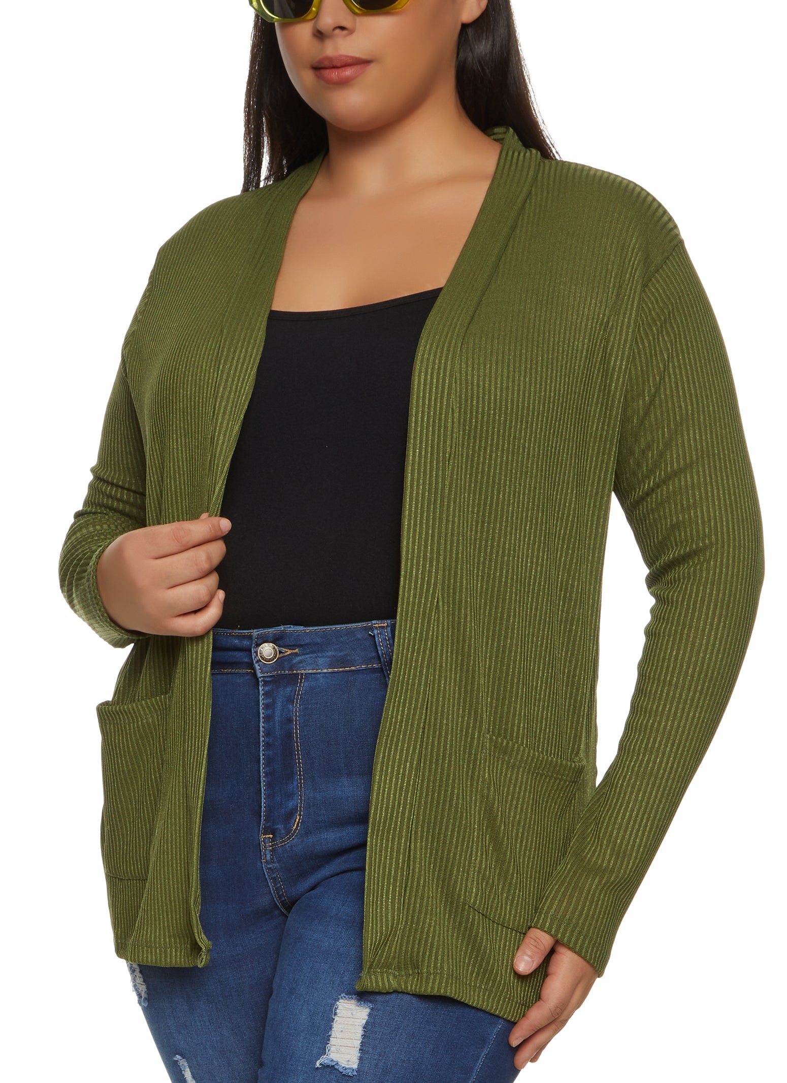 Womens Plus Size Ribbed Knit Pocket Cardigan, Green, Size 1X