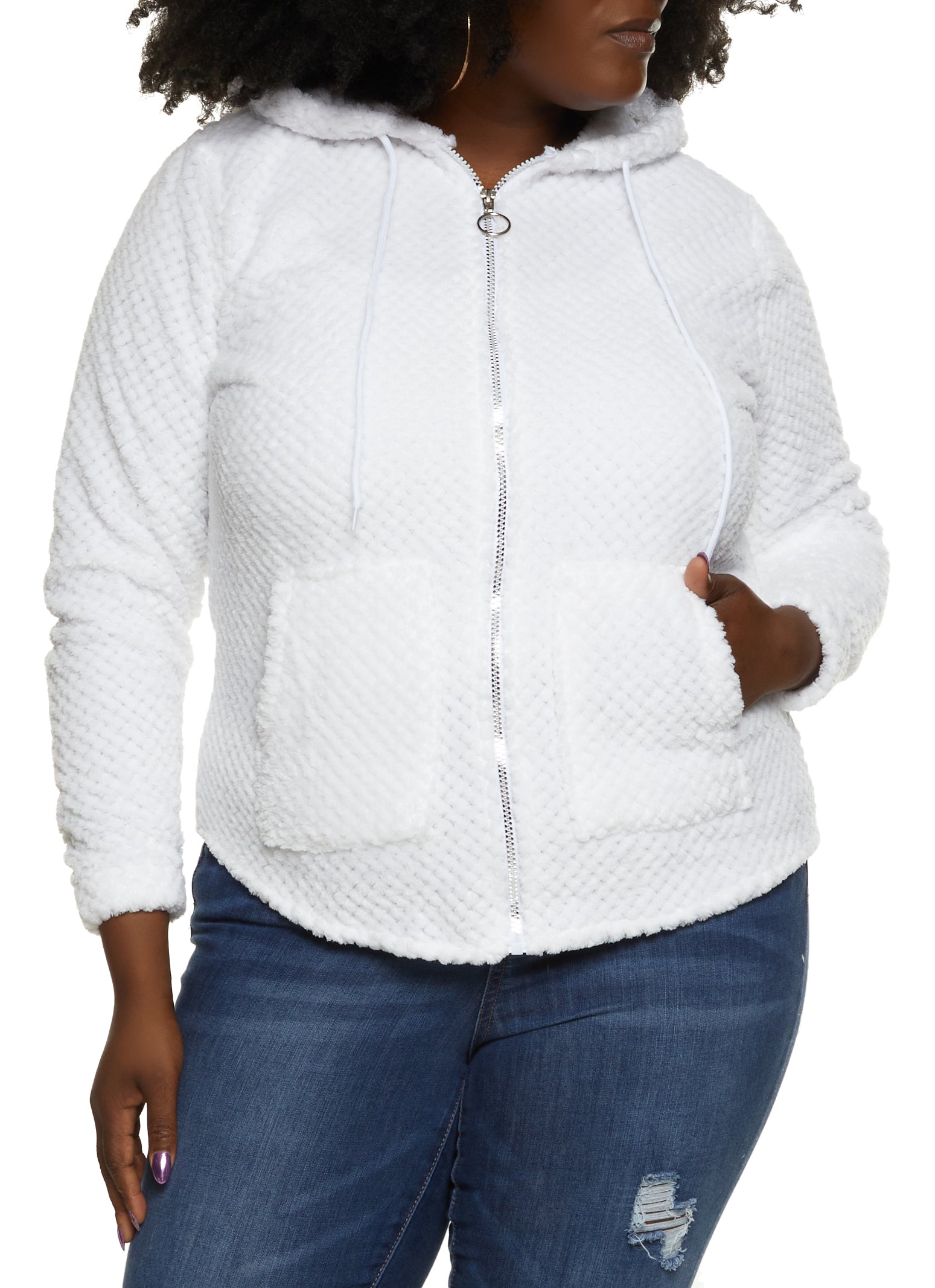 Womens Plus Size Plush Zip Up Hoodie, White, Size 2X