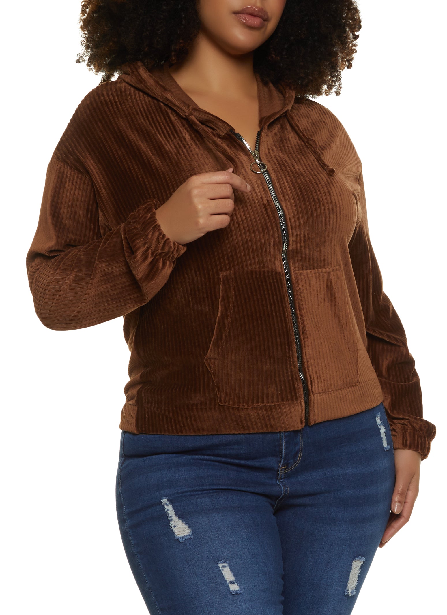 Womens Plus Velour Ribbed Zip Front Hoodie, Brown,