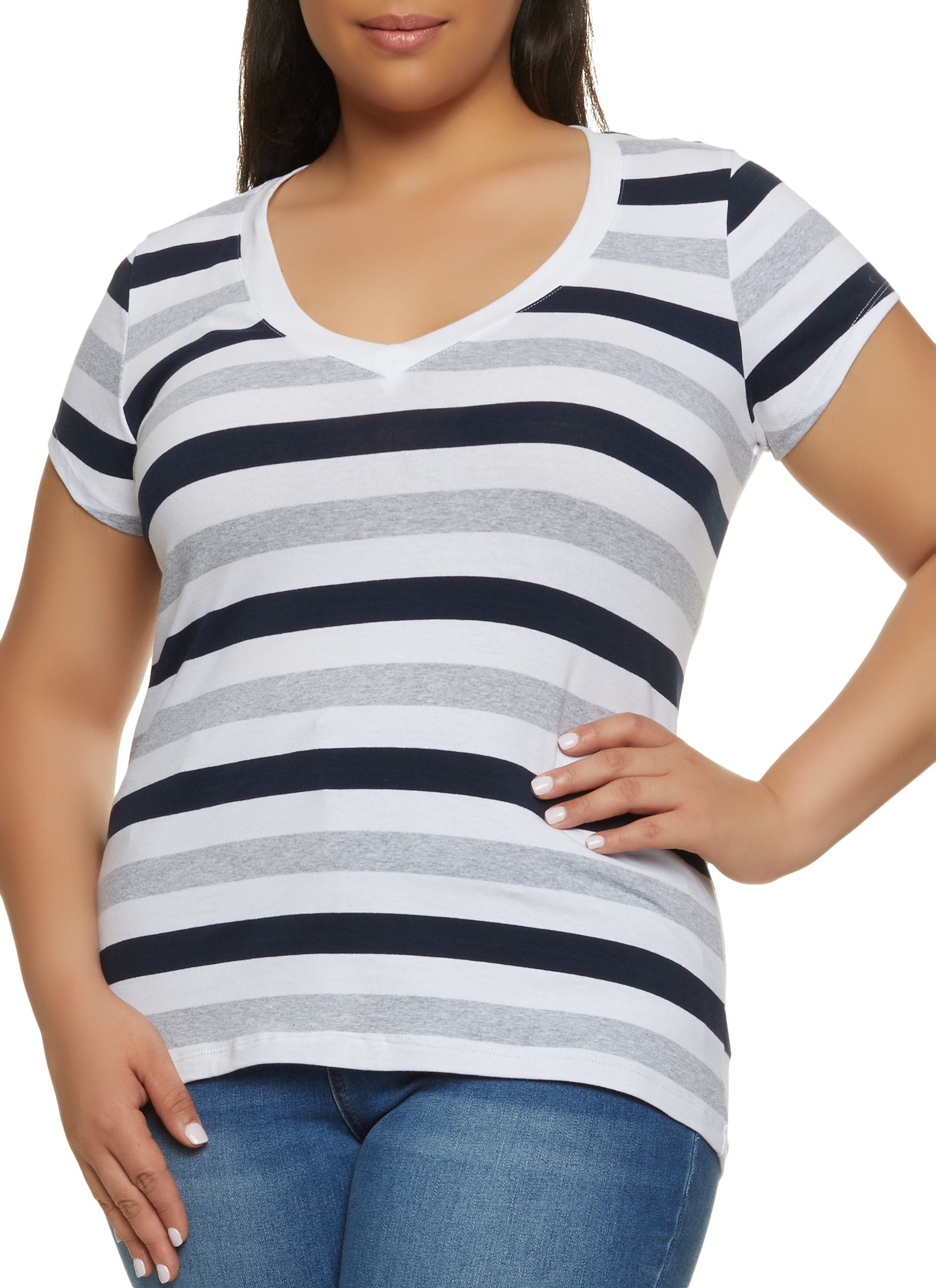 Womens Plus Striped V Neck Short Sleeve Tee, Multi,