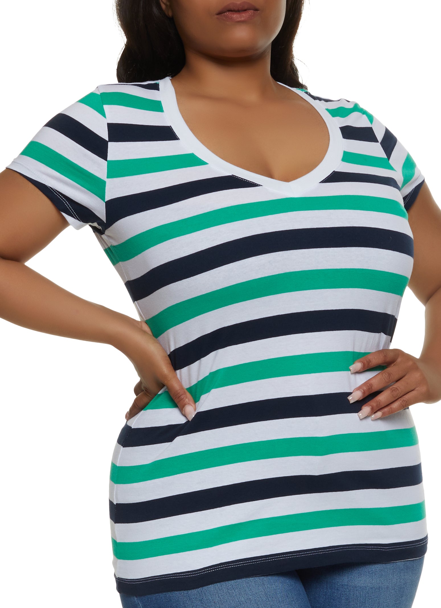 Womens Plus Striped V Neck Short Sleeve Tee, Multi,