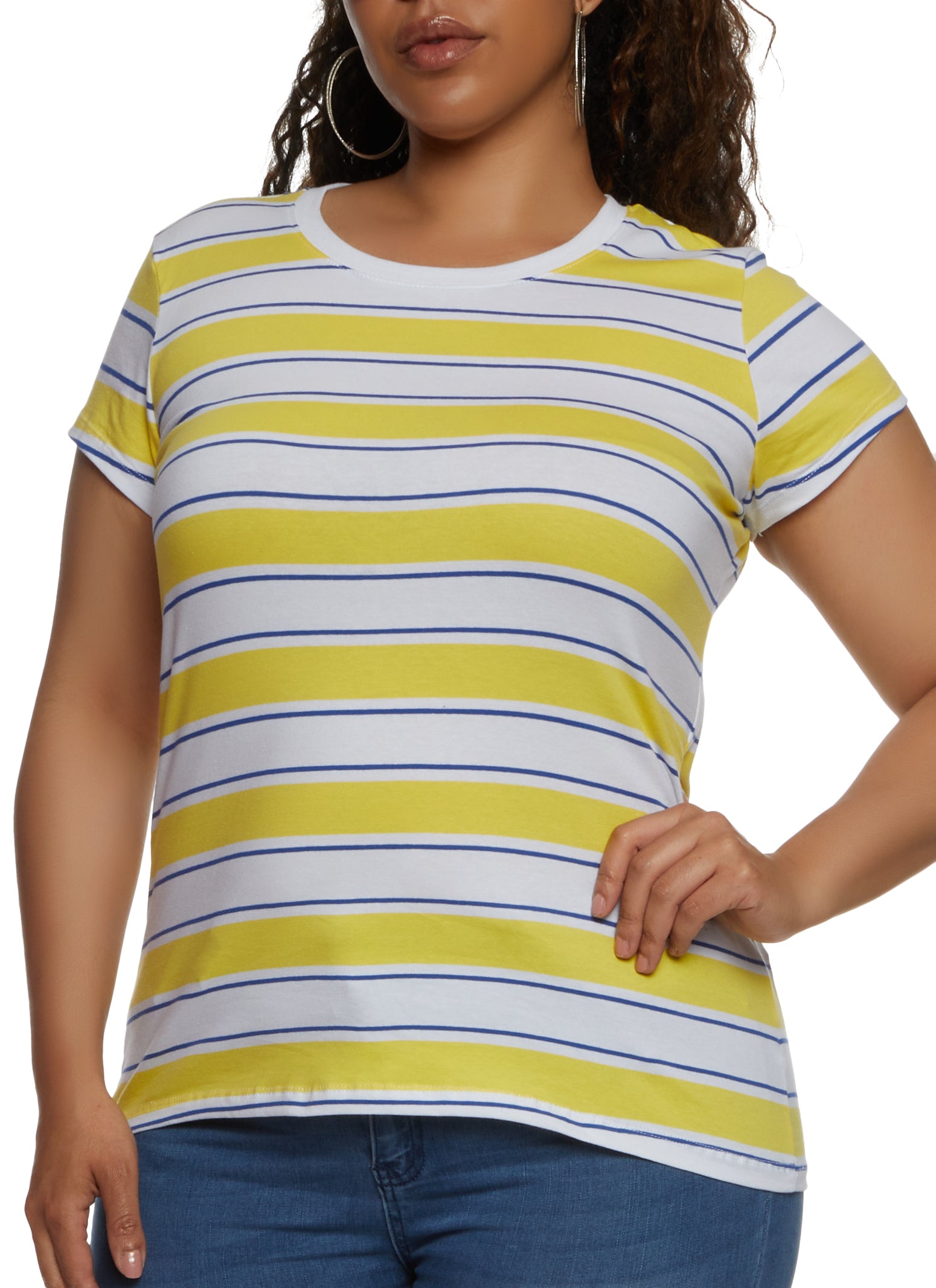 Womens Plus Size Striped Crew Neck Top, Yellow, Size 2X