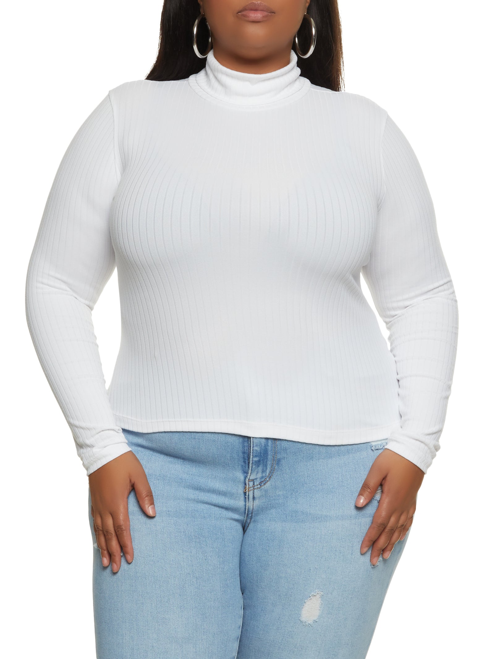 Womens Plus Size Basic Ribbed Knit Turtleneck Top, White, Size 1X