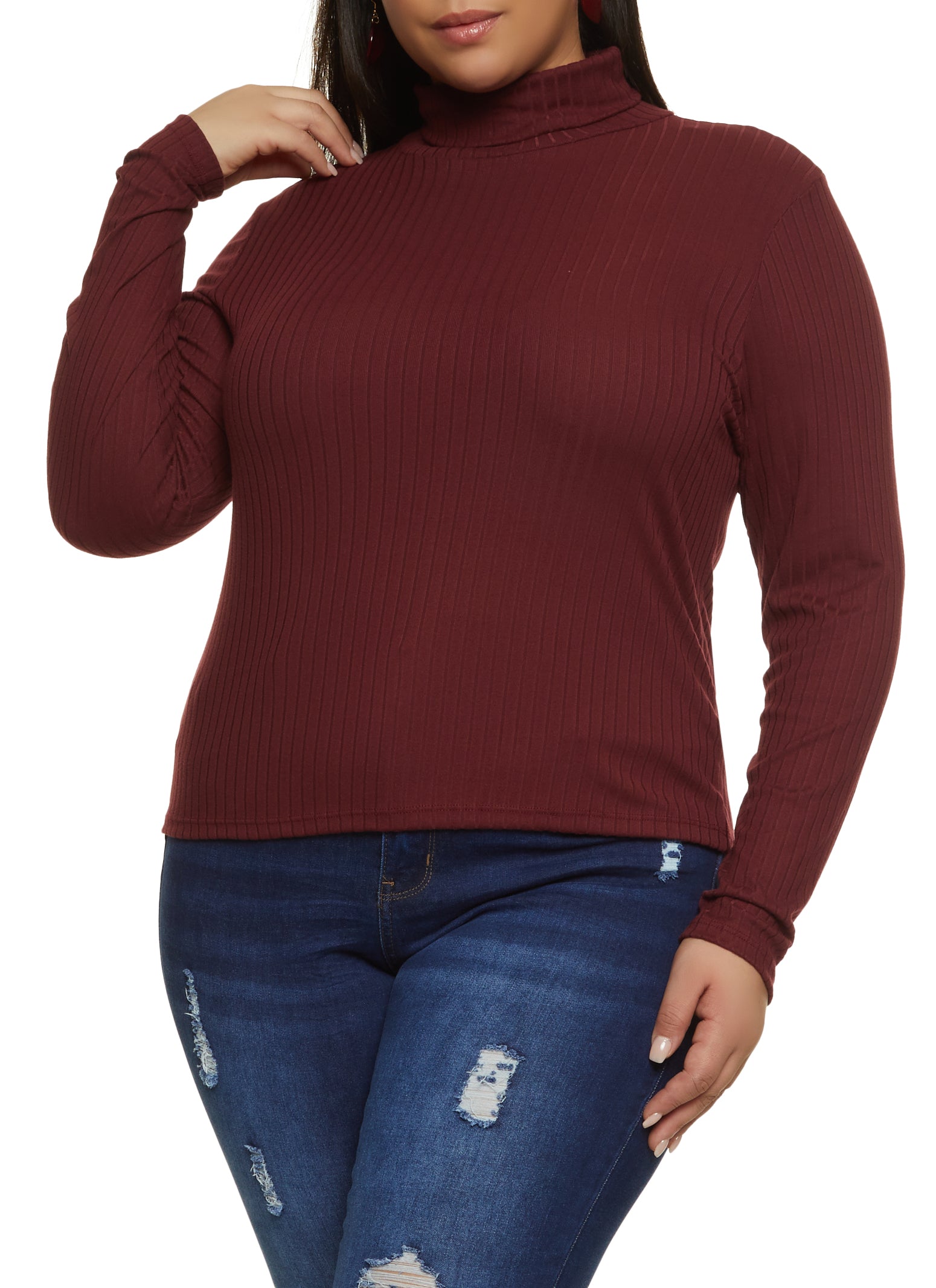 Womens Plus Size Basic Ribbed Knit Turtleneck Top, Burgundy, Size 1X