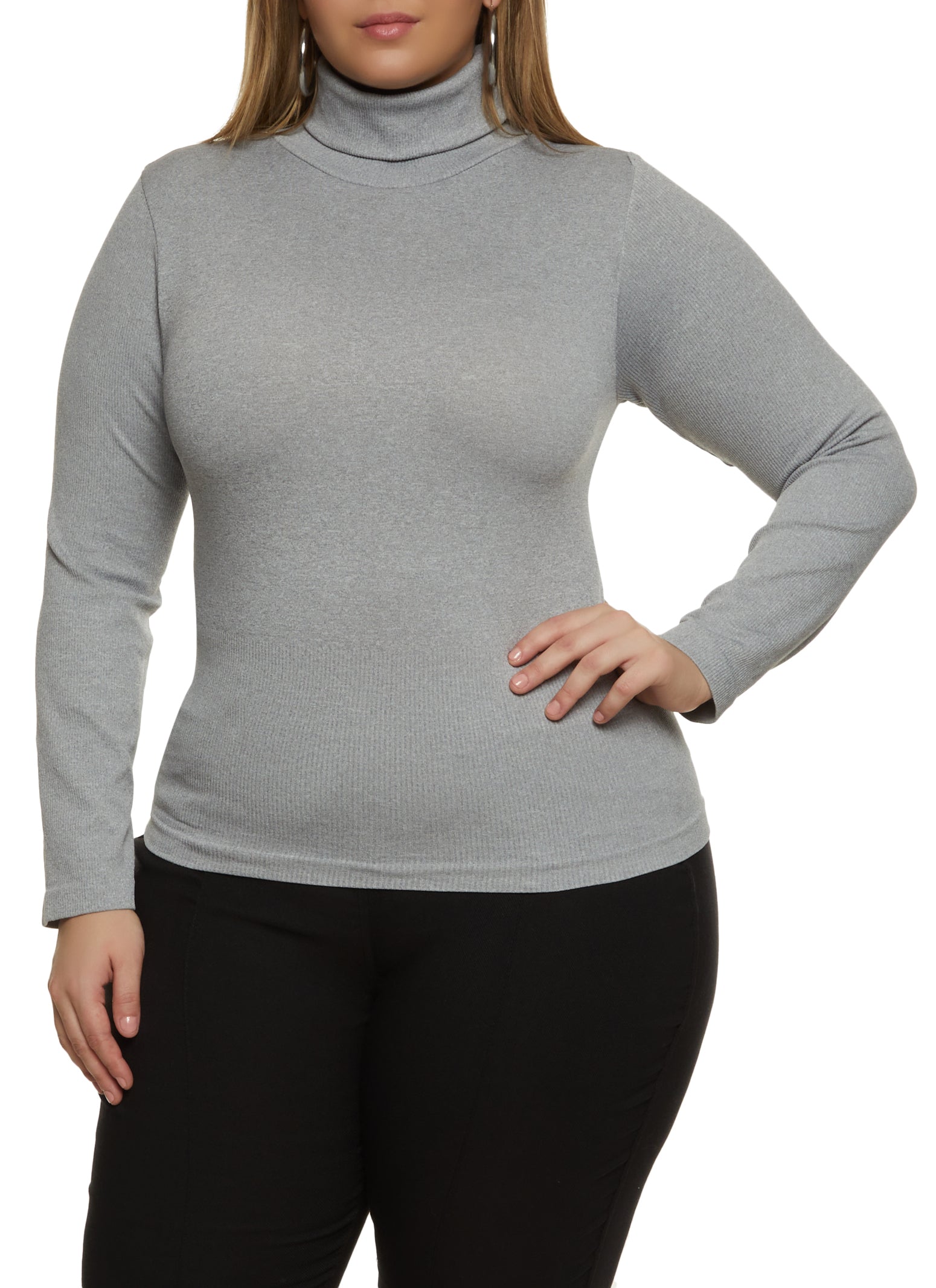 Womens Plus Size Basic Long Sleeve Turtleneck Top, Grey, Size 1X-2X